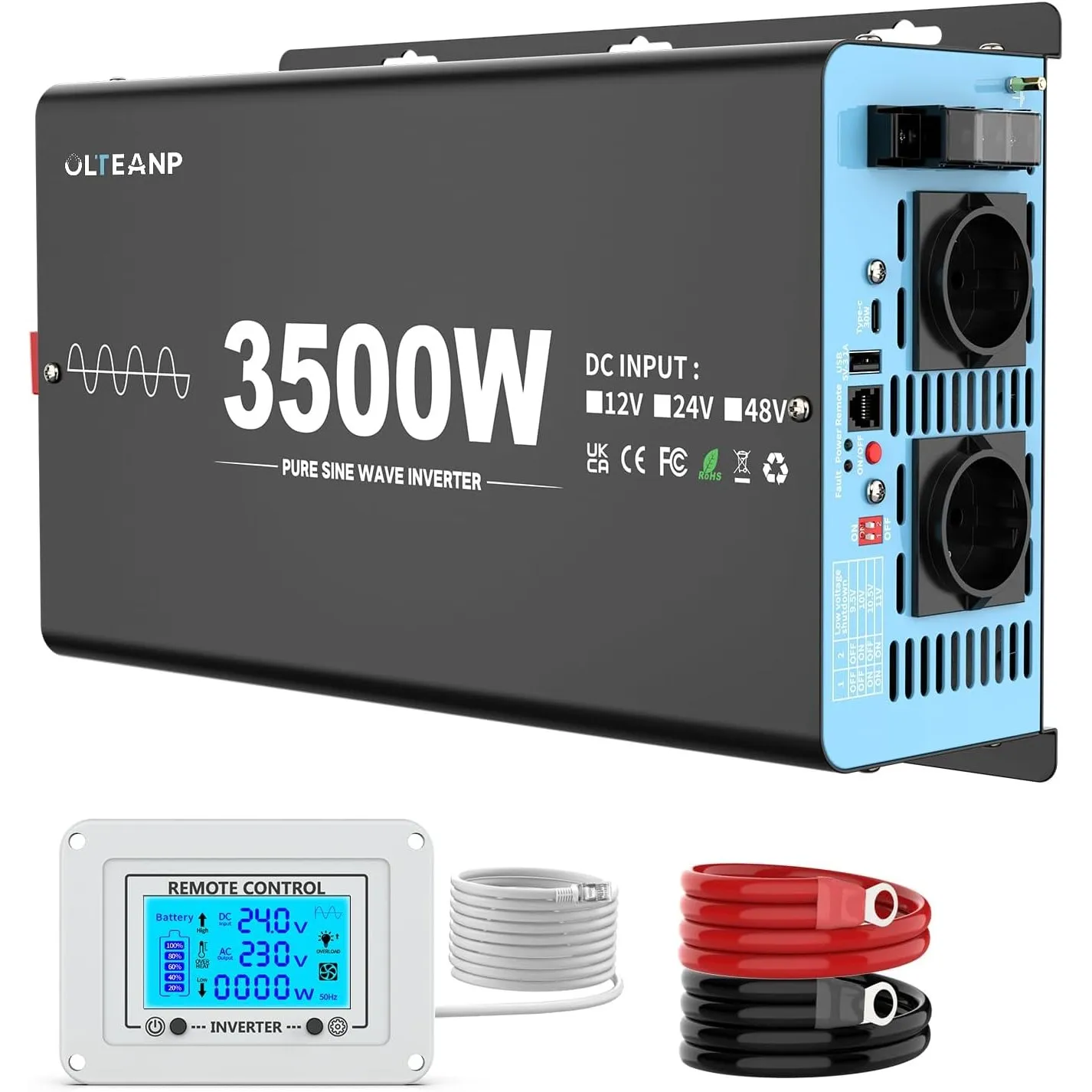 OLTEANP 3500W/7000W Wechselrichter 24v auf 230v Reiner Sinus Spannungswandler Power Inverter mit 2 AC Steckdosen,Type-C…