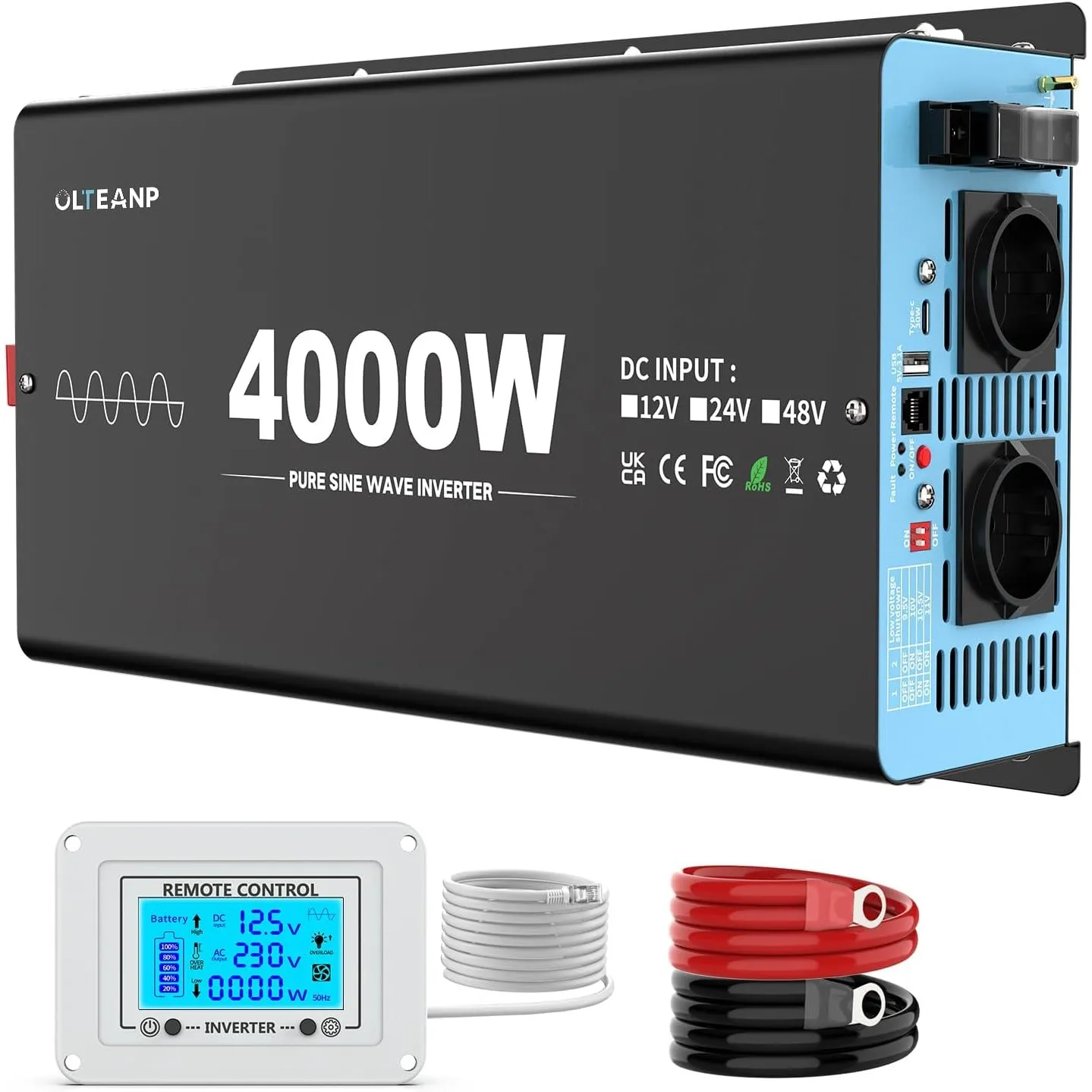 OLTEANP 4000W Wechselrichter Reiner Sinus 12V auf 230V KFZ Spannungswandler mit LCD-Bildschirm-Fernbedienung, 2 AC Stec…