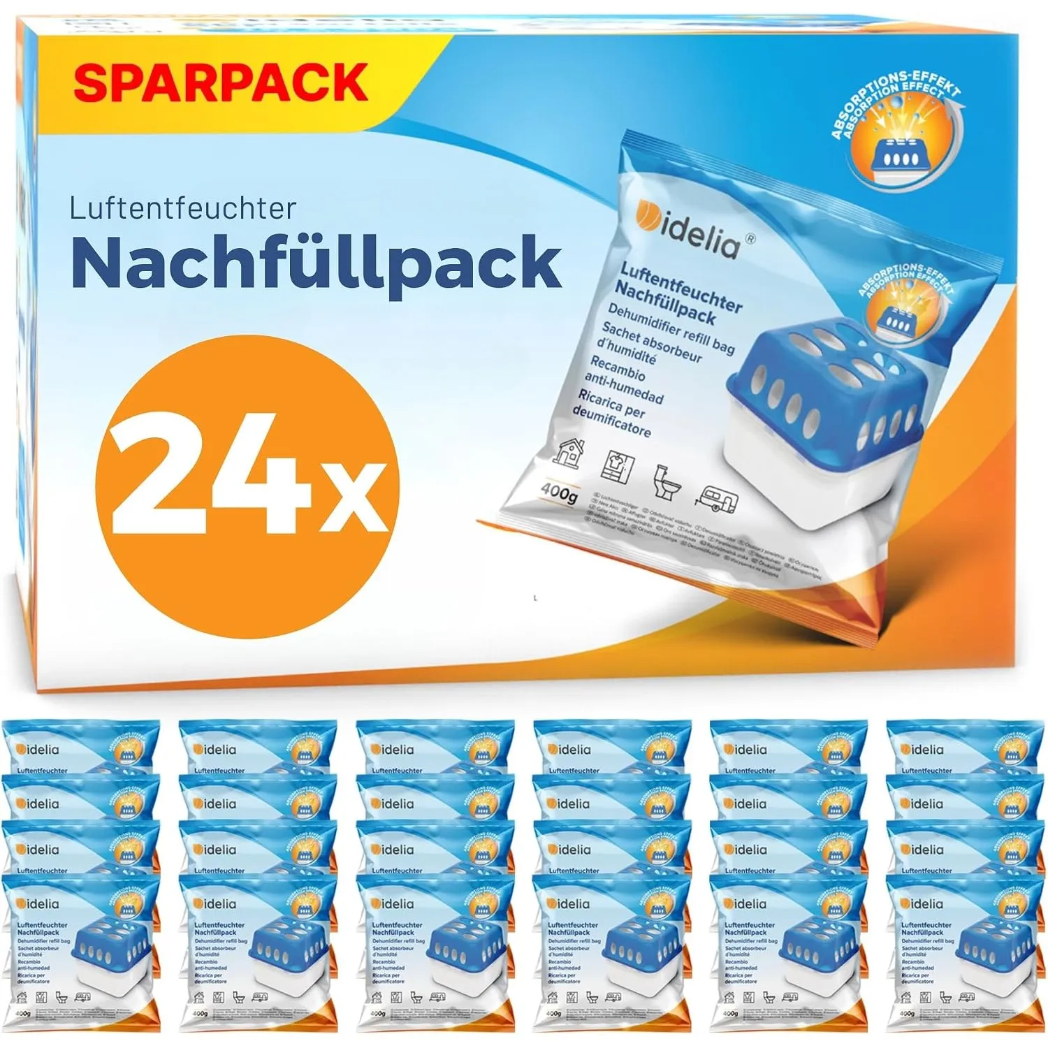 Idelia® 24x Luftentfeuchter Granulat 400g (XXL Sparvorteils 24er Set Luftentfeuchter Nachfüllpack's) I Entfeuchter Nach…