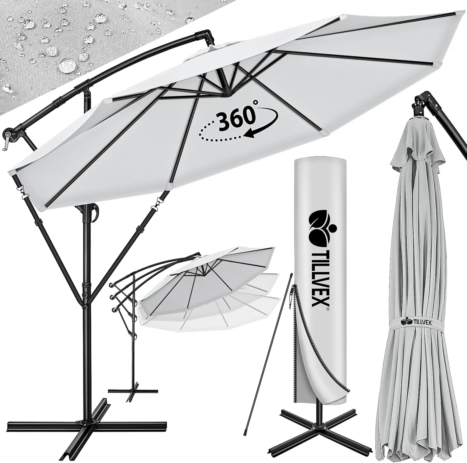 tillvex Alu Sonnenschirm + Abdeckung Ø 300 cm mit Kurbel | Ampelschirm mit Ständer & Windschutz | Gartenschirm UV-Schut…