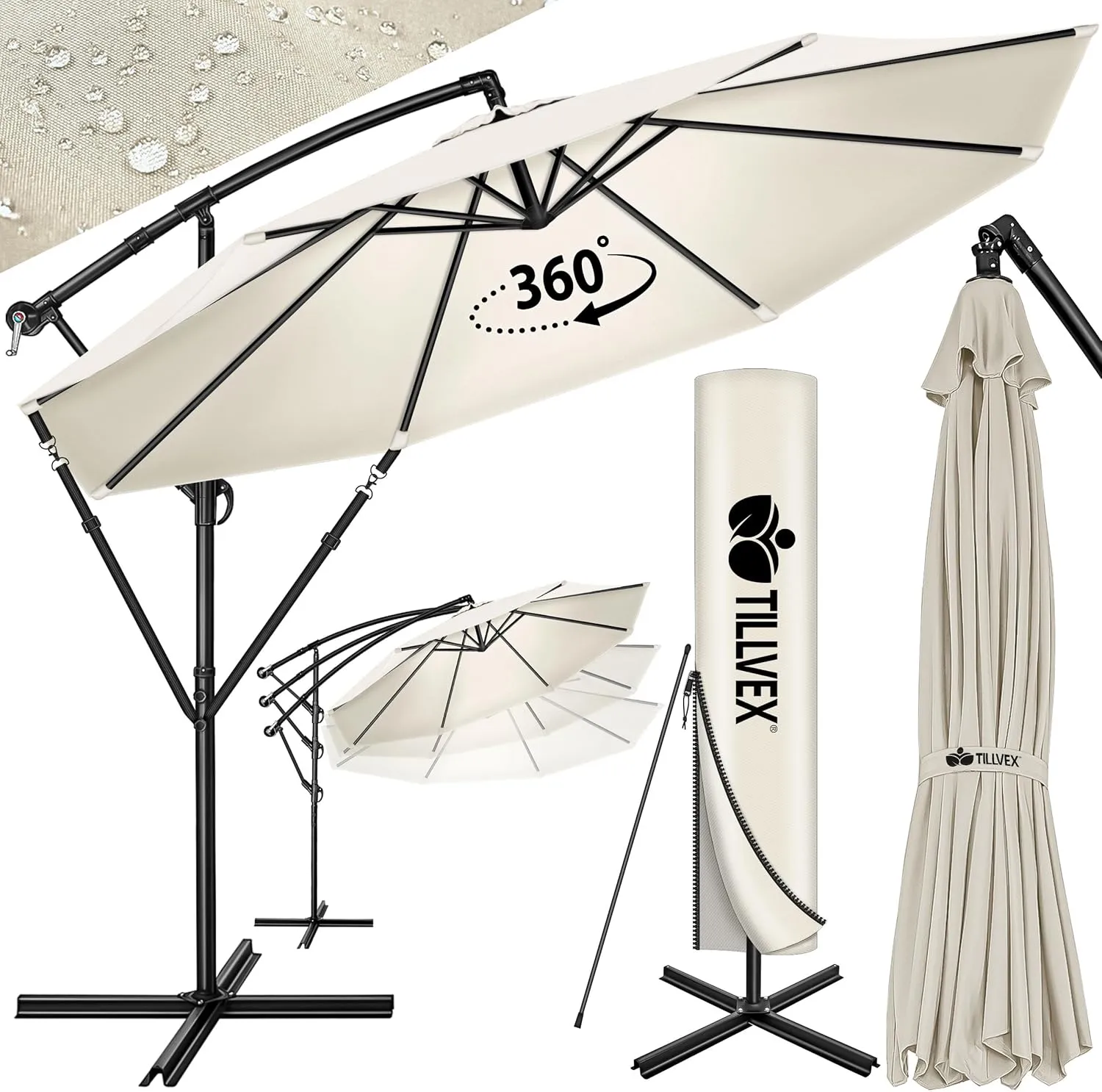 tillvex Parasol, Diameter 300 cm with Crank, Cantilever Parasol with Stand, Garden Parasol, UV Protection, Aluminium, C…