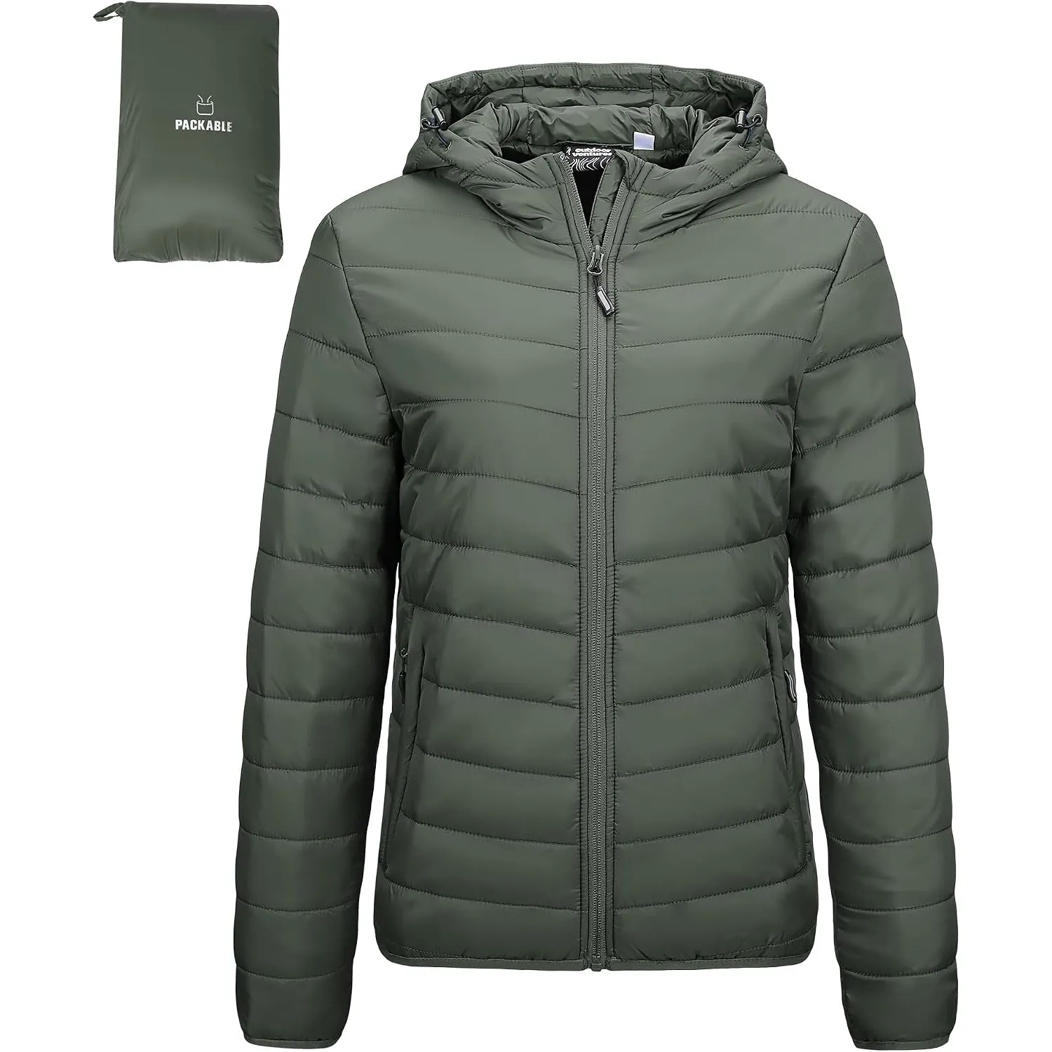 Outdoor Ventures Damen Steppjacke mit Kapuze Packbare Warme Pufferjacke
