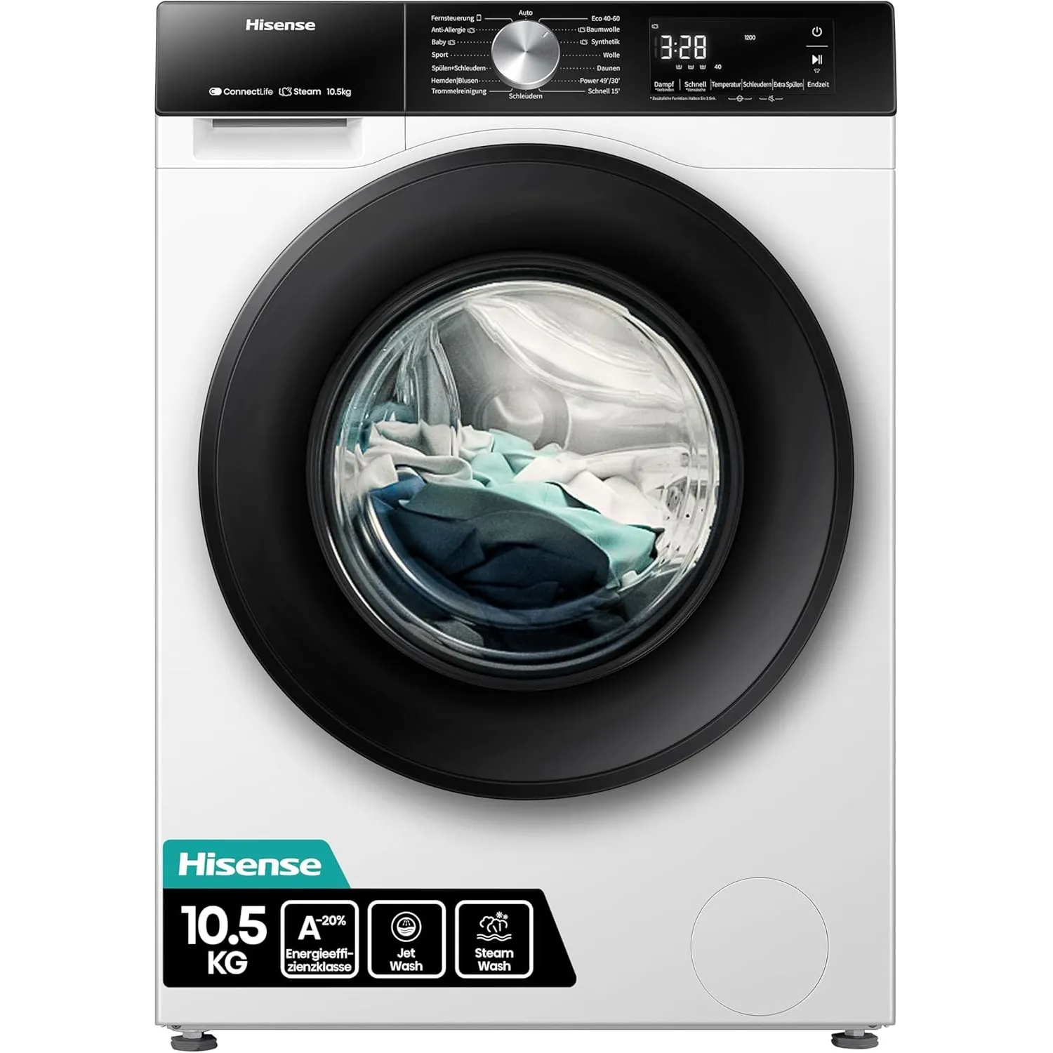 Hisense WF3S1043BW3 Waschmaschine mit Dampffunkunktion, 10.5 kg, 1400 U,min, 19 Programme, WIFI, ConnectLife, Power Jet…