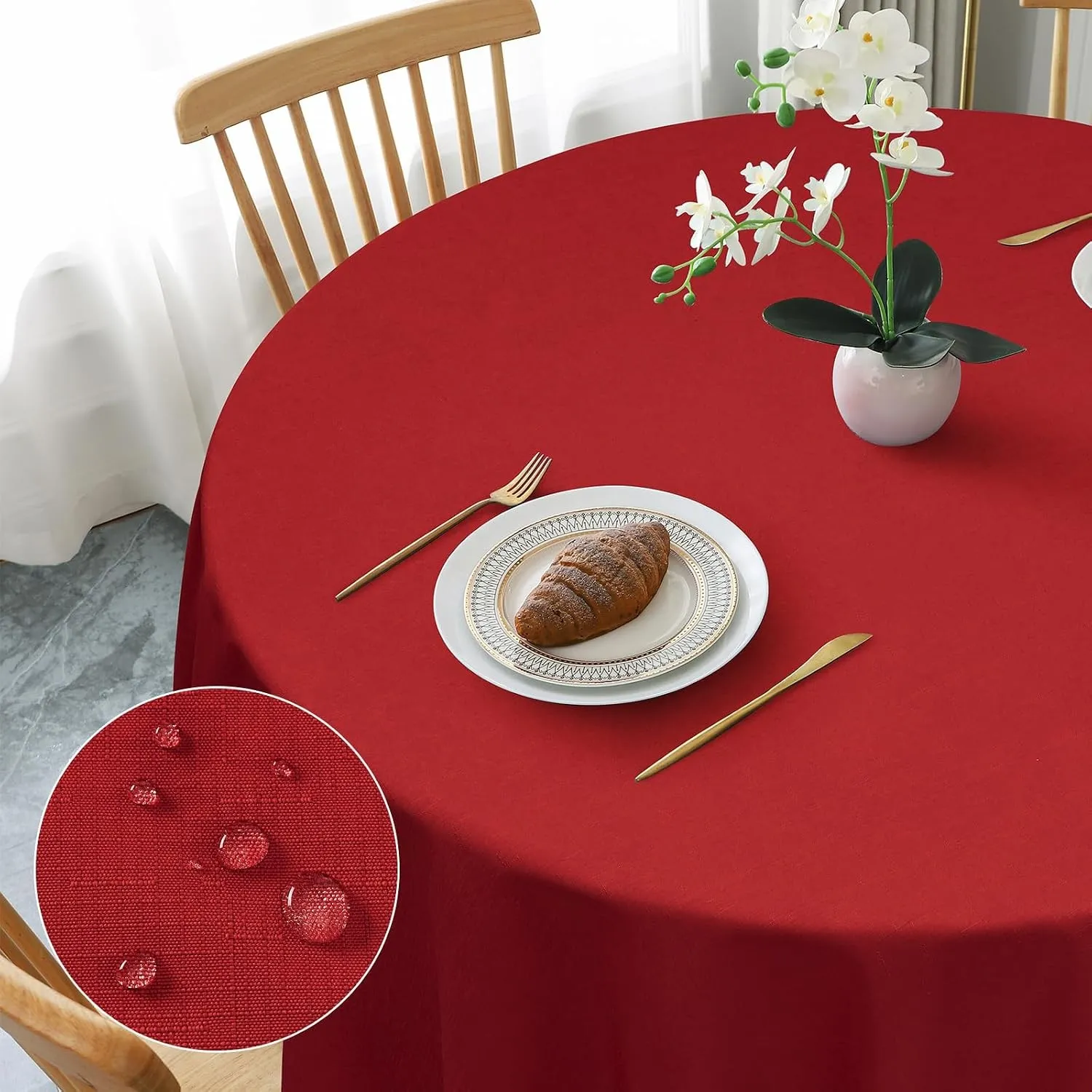 AooHome Tischdecke Rund 120cm, Rot Leinen-Optik Tischdecken Abwaschbar Tischtuch aus Polyester Wasserabweisend mit Lotu…