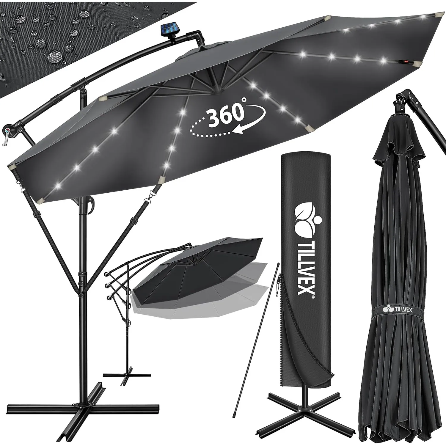 tillvex® Sonnenschirm Solar Ø 300/350 cm + Abdeckung & LED Beleuchtung | Ampelschirm mit Kurbel & Ständer | Gartenschir…