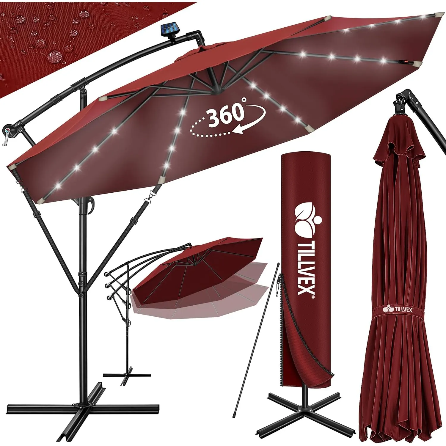 tillvex® Sonnenschirm Solar Ø 300/350 cm + Abdeckung & LED Beleuchtung | Ampelschirm mit Kurbel & Ständer | Gartenschir…
