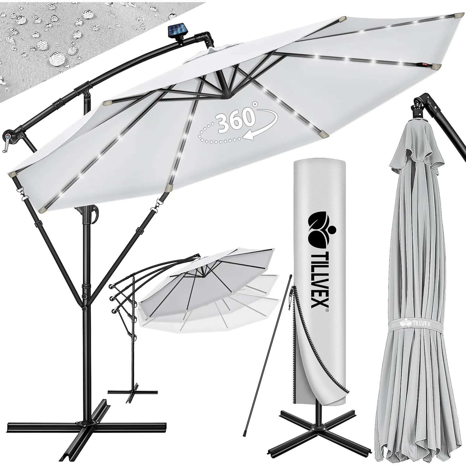 tillvex® Sonnenschirm Solar Ø 300/350 cm + Abdeckung & LED Beleuchtung | Ampelschirm mit Kurbel & Ständer | Gartenschir…