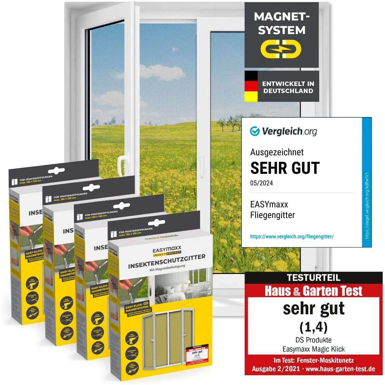 EASYmaxx Fliegengitter für Fenster mit Magic Click | Moskitonetz individuell zuschneidbar für alle Fenster bis 150 x 13…