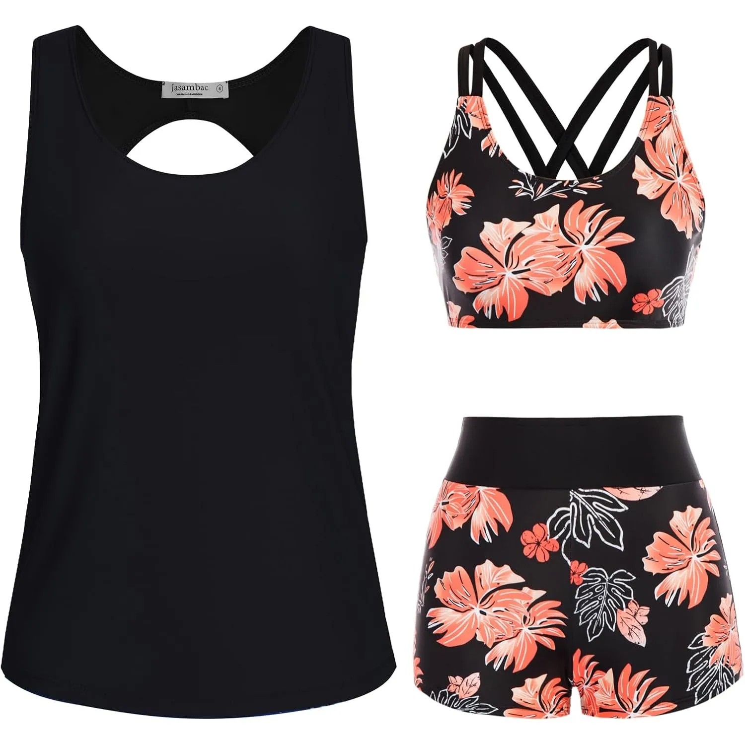 JASAMBAC 3-teiliger Tankini Damen Bauchweg, Push-up-Bikinioberteil und High Waist Badeshorts, einfache Badebekleidung, …