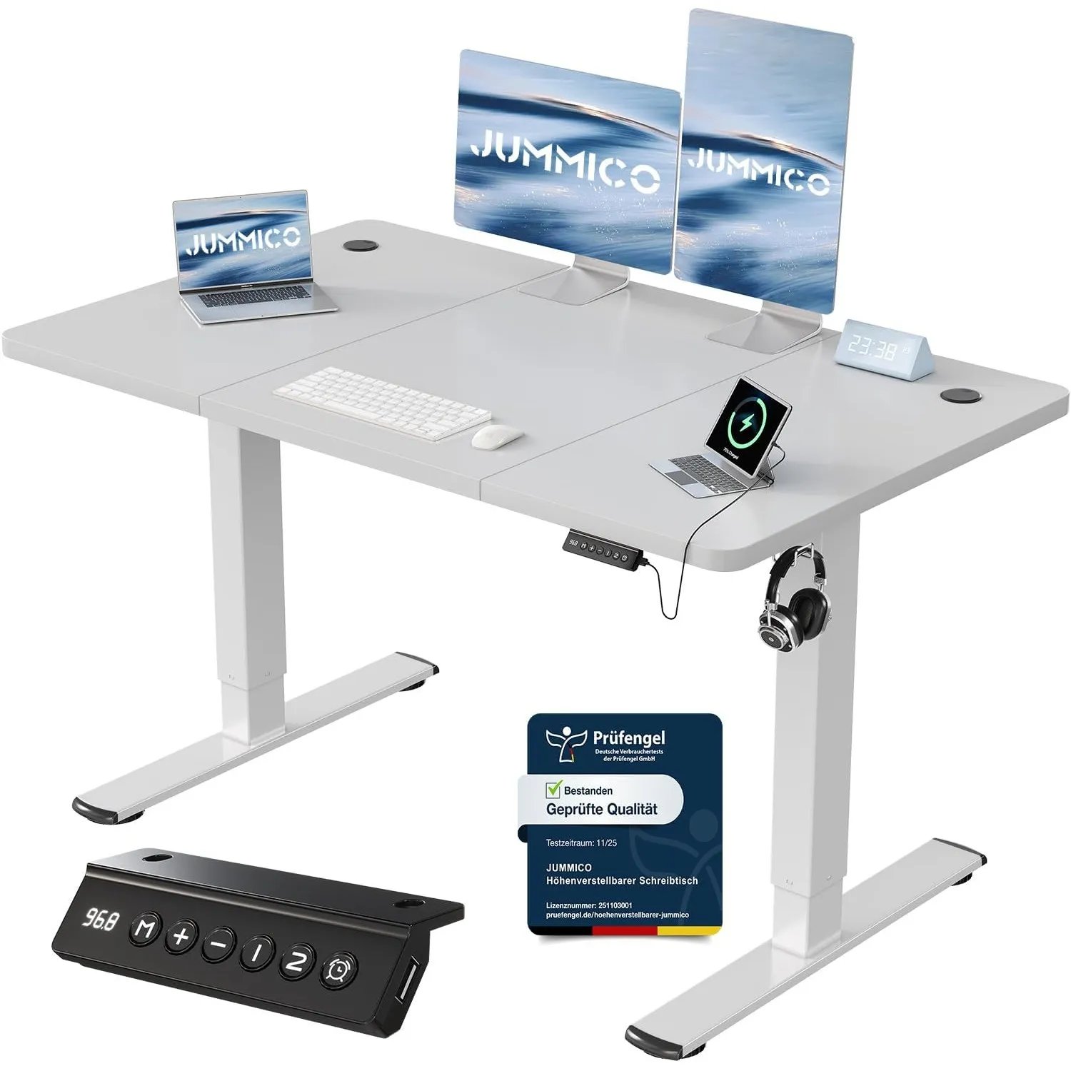 JUMMICO Höhenverstellbarer Schreibtisch mit USB-Ladeanschluss,Schreibtisch Höhenverstellbar Elektrisch 120 x 60 cm, Ste…