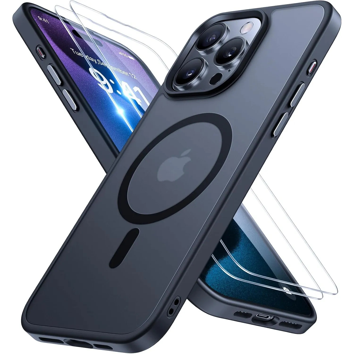Miracase für iPhone 15 Pro Max Hülle mit Magsafe&9H+ Panzerglas, Schwarz