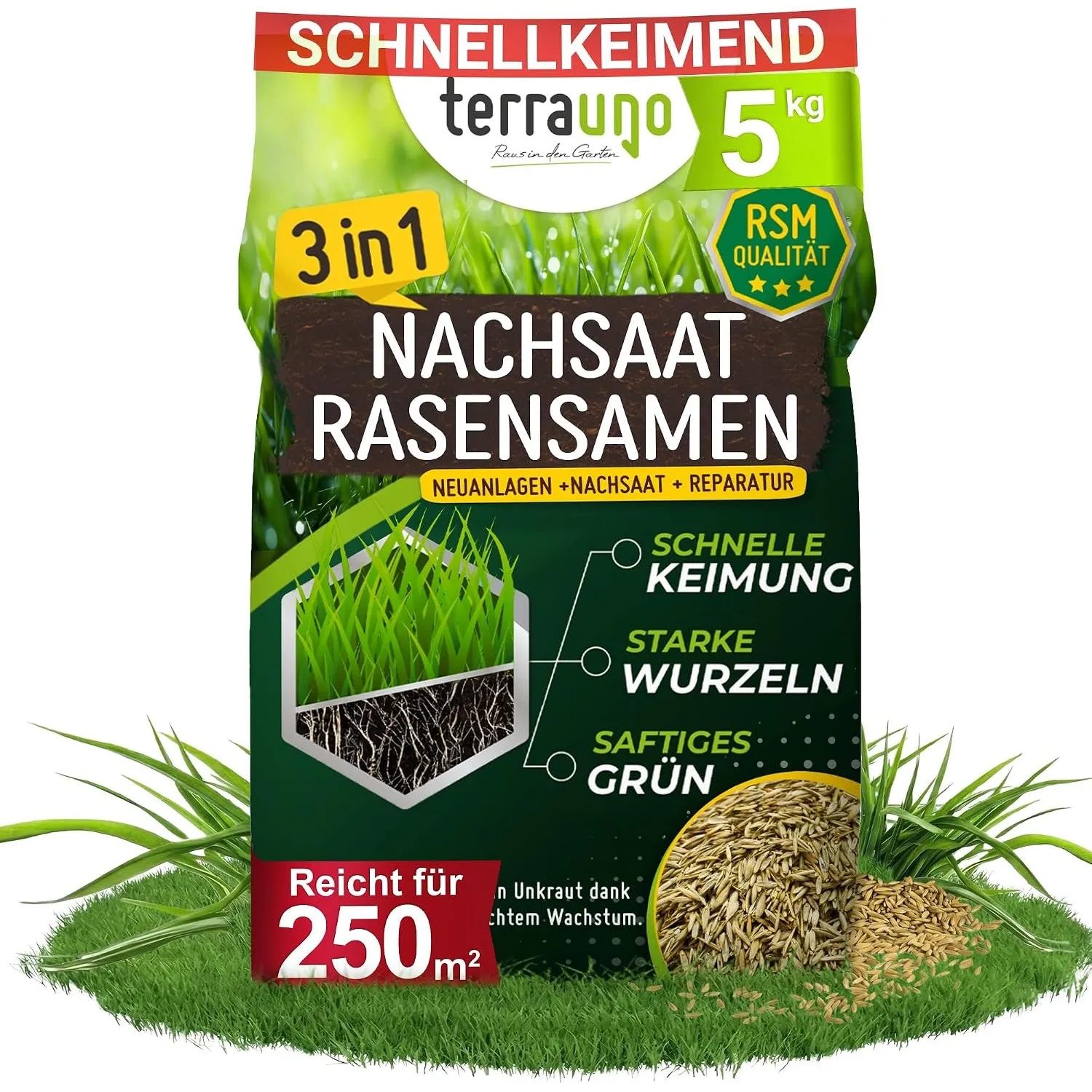 TerraUno Rasensamen schnellkeimend, Nachsaat Rasen, 5 kg für 250 m²