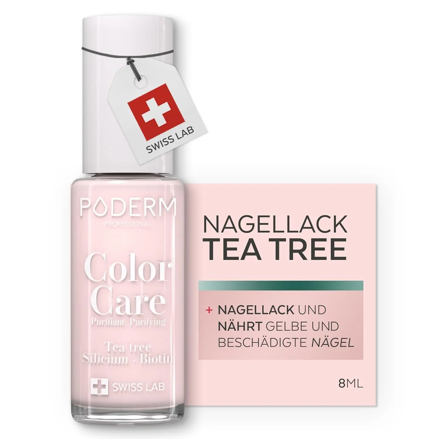 PODERM Pflegelack mit Tea Tree - Nude-Rosé | Swiss Lab - 8ML | Angereichert mit Tea Tree, Silizium & Biotin | Reinigt, …