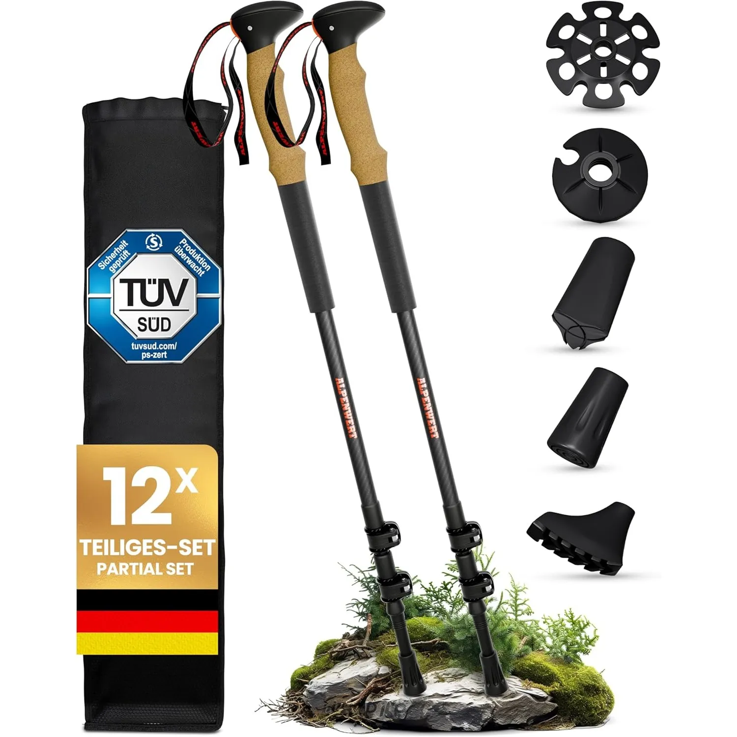 ALPENWERT Wanderstöcke [Carbon oder Aluminium] Walking Stöcke für Damen und Herren - Teleskop Trekkingstöcke mit Korkgr…