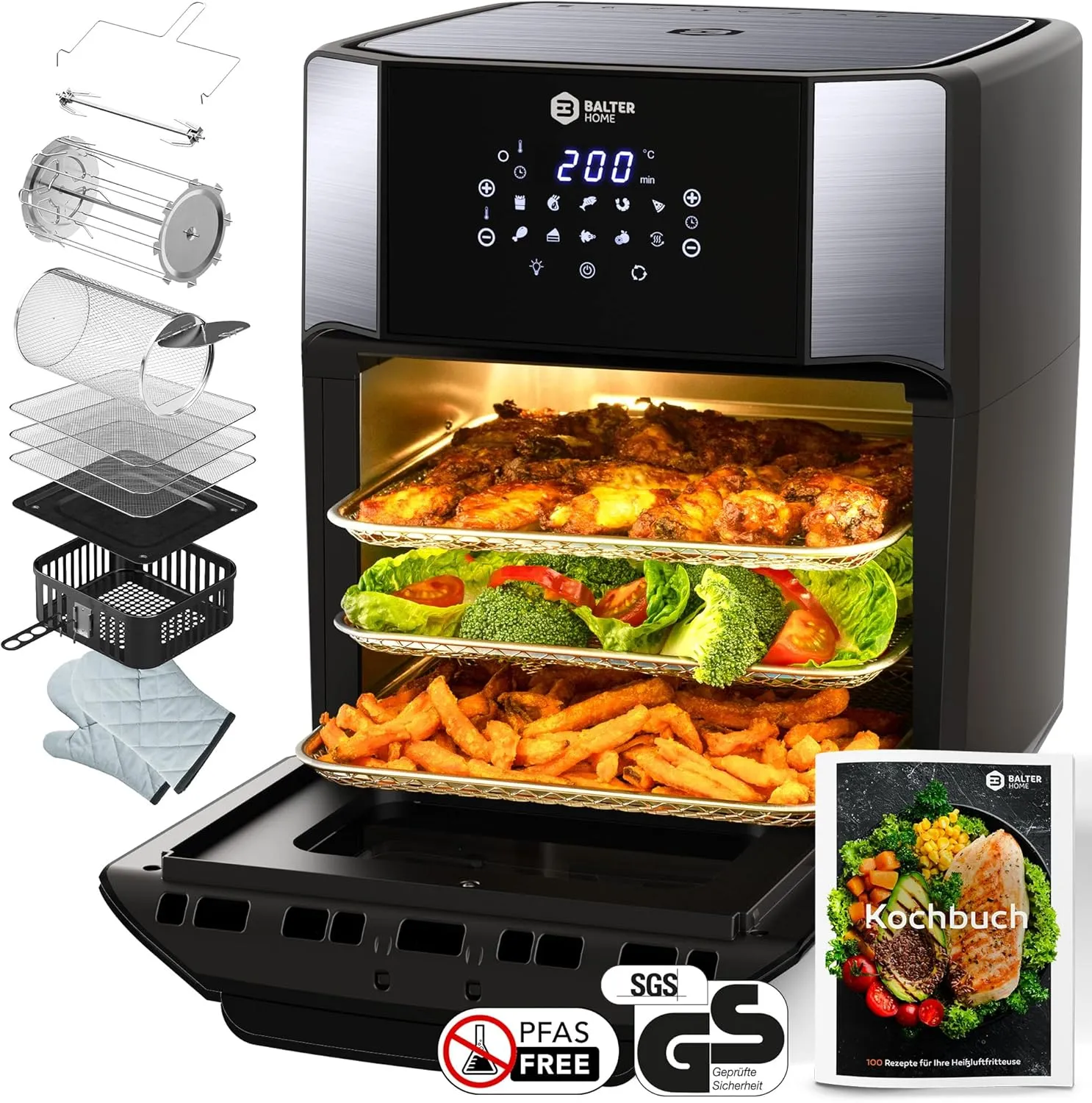 Balter HL-1200-BL Hot Air Fryer, 12 Litres, Deep Fryer, LED Touch Screen, 10 Programmes, Dehydrator, 1800 W Hot Air Fry…