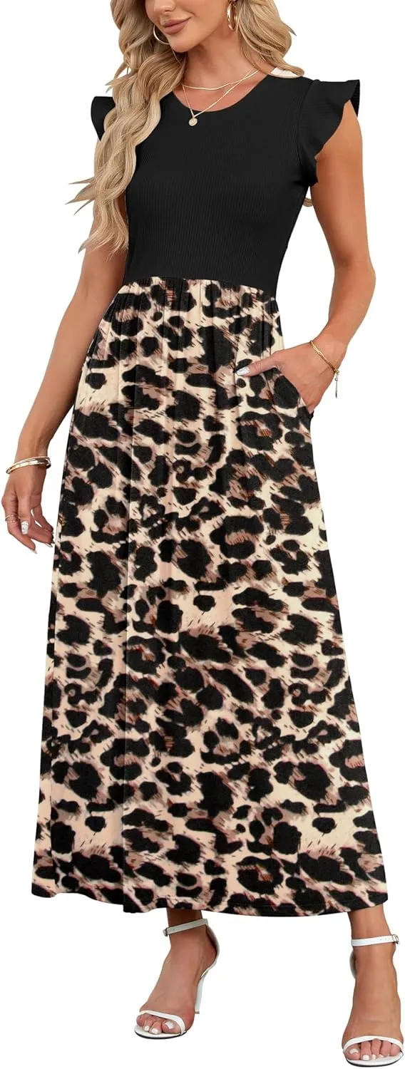 AUSELILY Women's Summer Round Neck Maxi Dress with Pockets, Short Sleeve and Ruffles, Casual High Waist, Long Loose Flo…