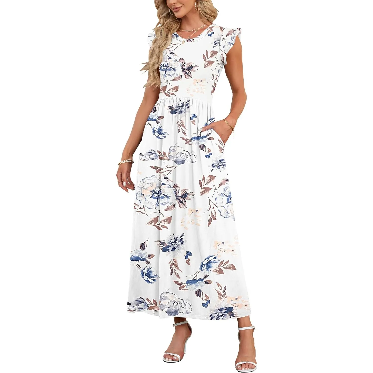 AUSELILY Sommer Maxikleider Dame mit Taschen Hohe Taille Lang Strandkleid | Elegante Blütenblatten Kurzarm Rundhals A L…
