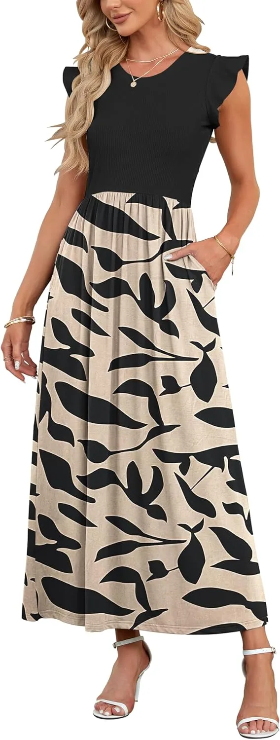 AUSELILY Women's Summer Round Neck Maxi Dress with Pockets, Short Sleeve and Ruffles, Casual High Waist, Long Loose Flo…