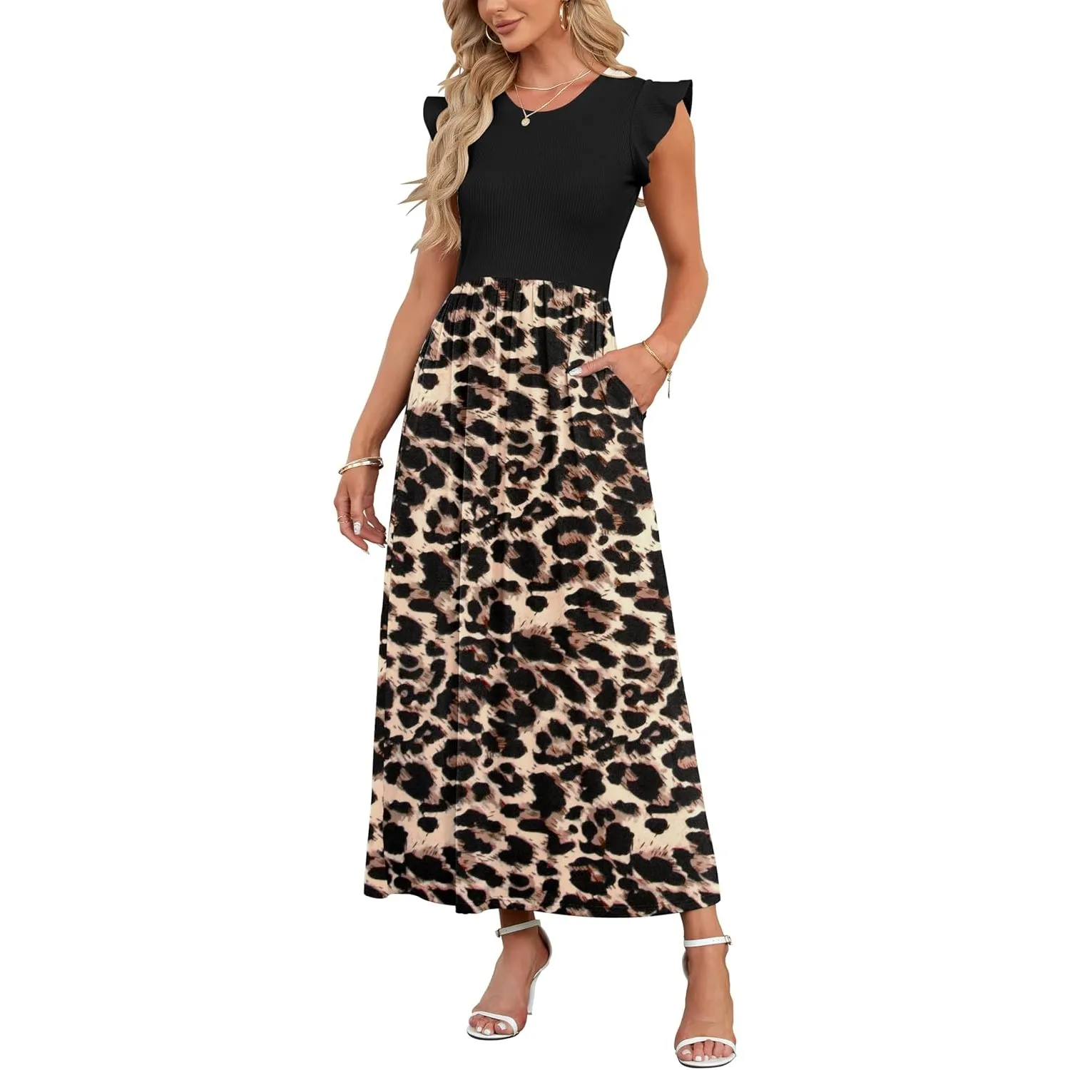 AUSELILY Sommer Maxikleider Dame mit Taschen Hohe Taille Lang Strandkleid | Elegante Blütenblatten Kurzarm Rundhals A L…