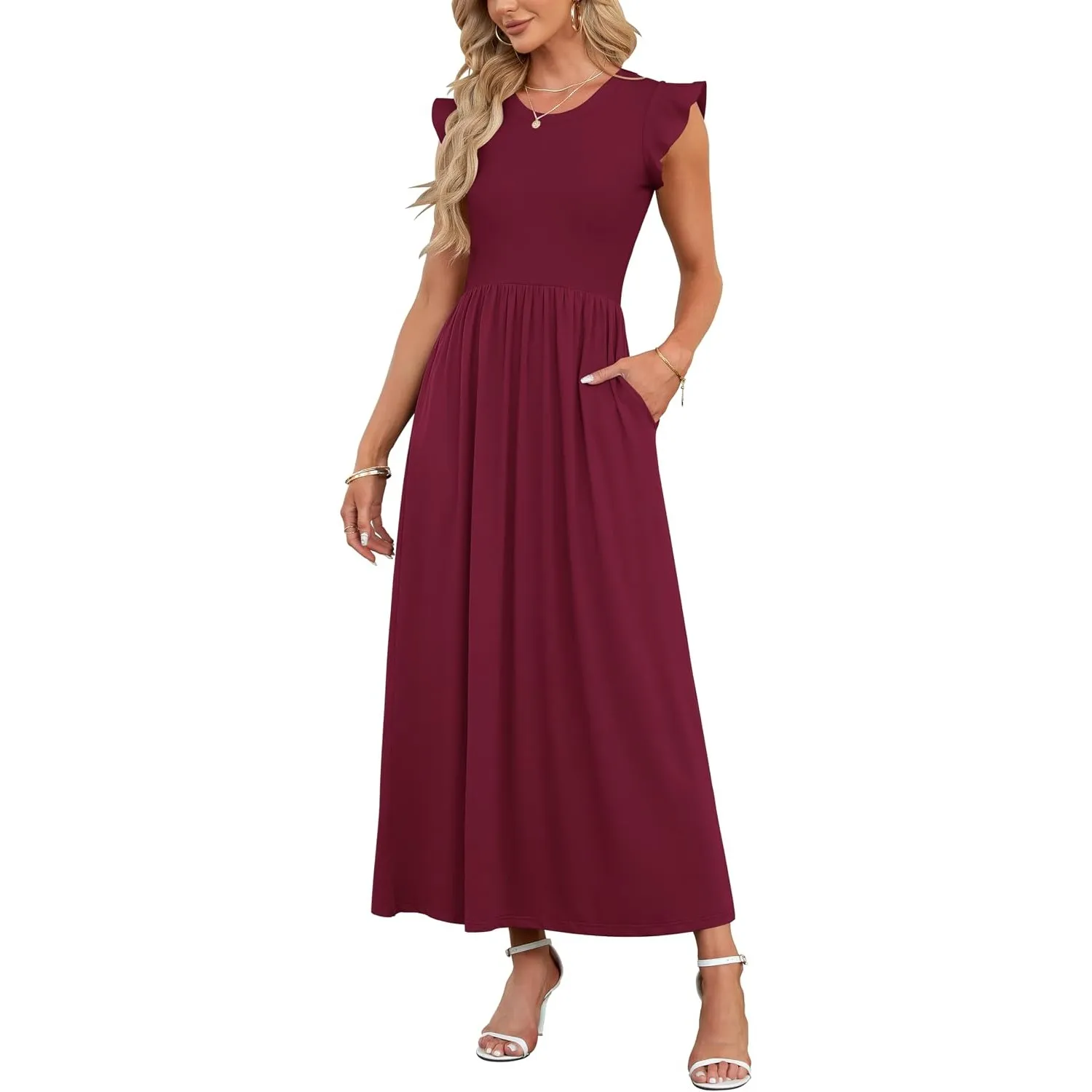 AUSELILY Sommer Maxikleider Dame mit Taschen Hohe Taille Lang Strandkleid | Elegante Blütenblatten Kurzarm Rundhals A L…