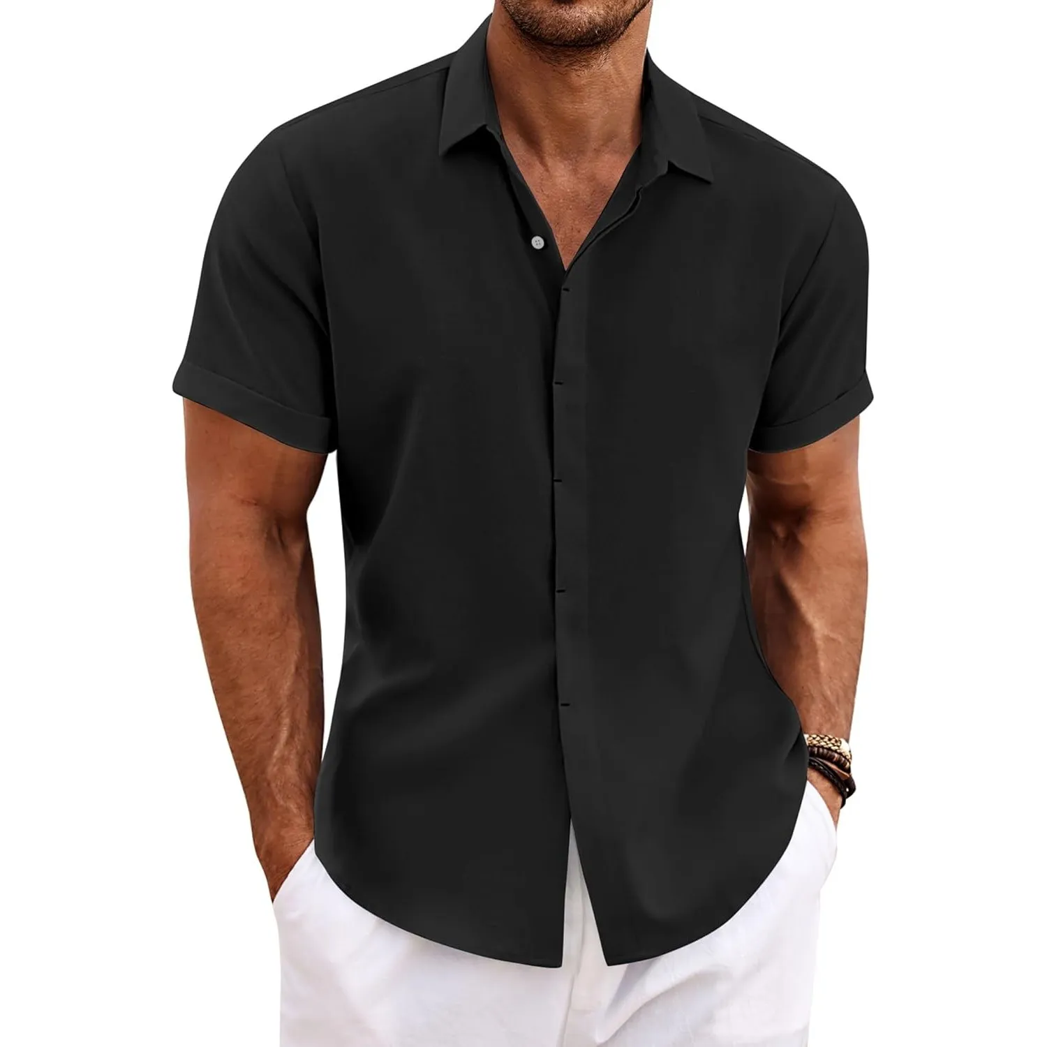COOFANDY Leinenhemd Herren Kurzarm Hemd Button Down Regular Fit Freizeithemden Sommer Strand Leinen Shirt
