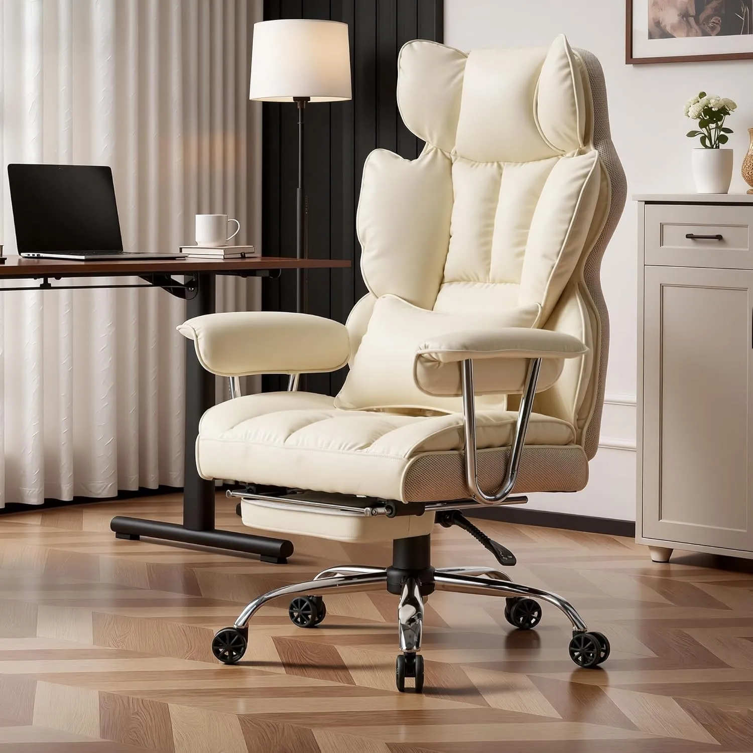 Efomao Bürostuhl, Chefsessel Ergonomischer bis 200kg, PU-Leder Schreibtischstuhl mit Fußstütze und Lendenwirbelstütze, …