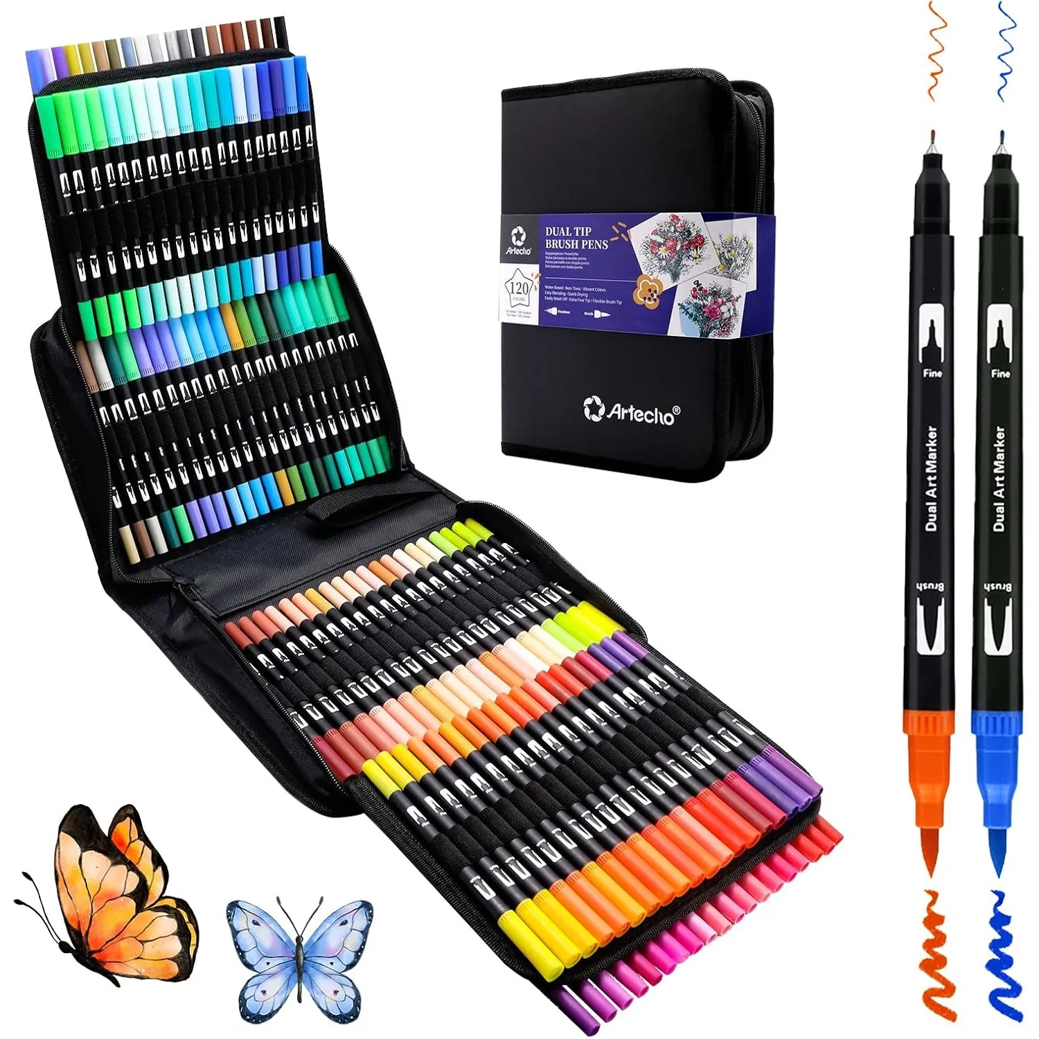 Artecho Dual Brush Pen Set 120 Farben mit Schwarzer Tragetasche, Filzstifte Dicke und Dünne, Pinselstifte set, Stifte f…