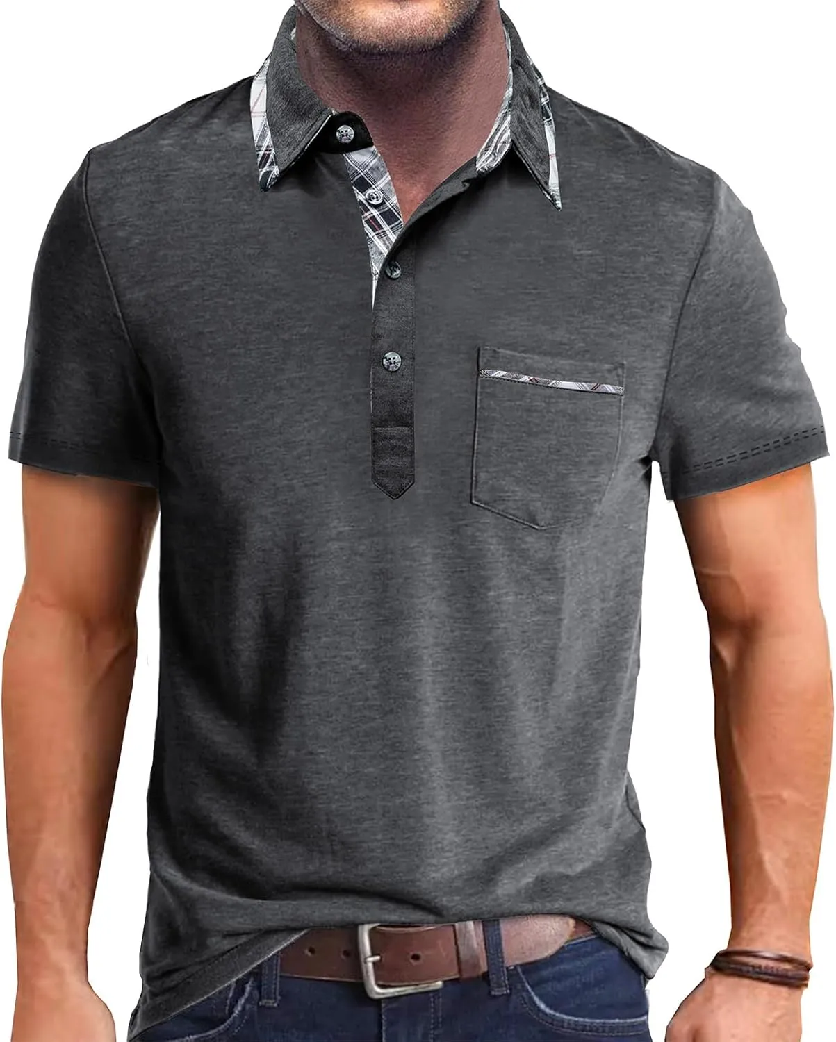 Men’s Short Sleeve Polo Shirt, Contrasting Colour T-Shirts with Pocket, Classic Summer Polo