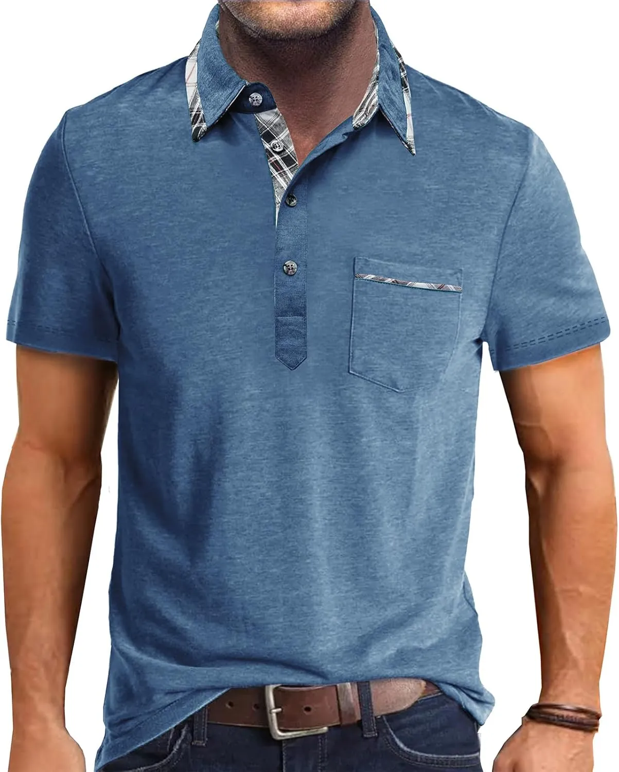 Men’s Short Sleeve Polo Shirt, Contrasting Colour T-Shirts with Pocket, Classic Summer Polo