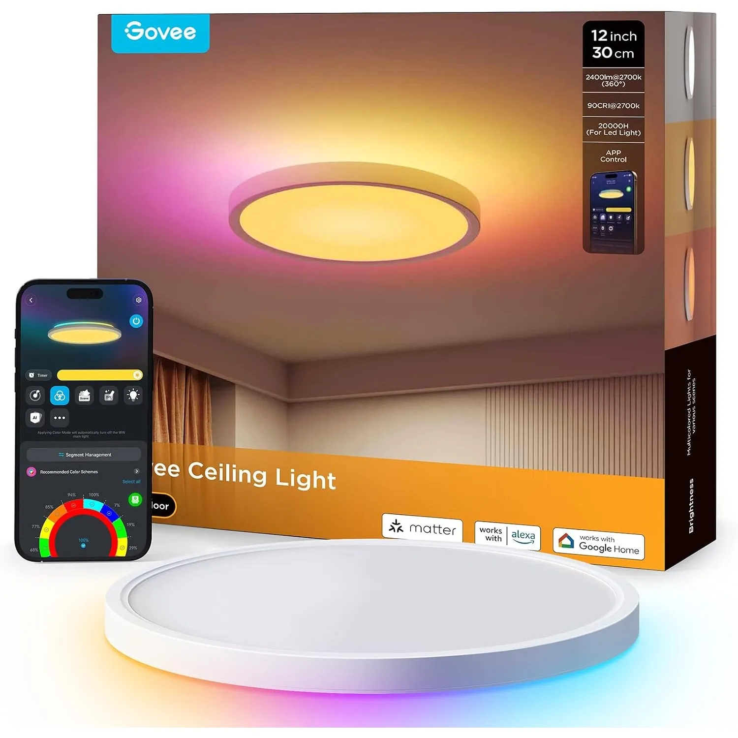 Govee Deckenleuchte RGBIC Smart, 24W Ø30cm Deckenlampe Led dimmbar, 2400LM