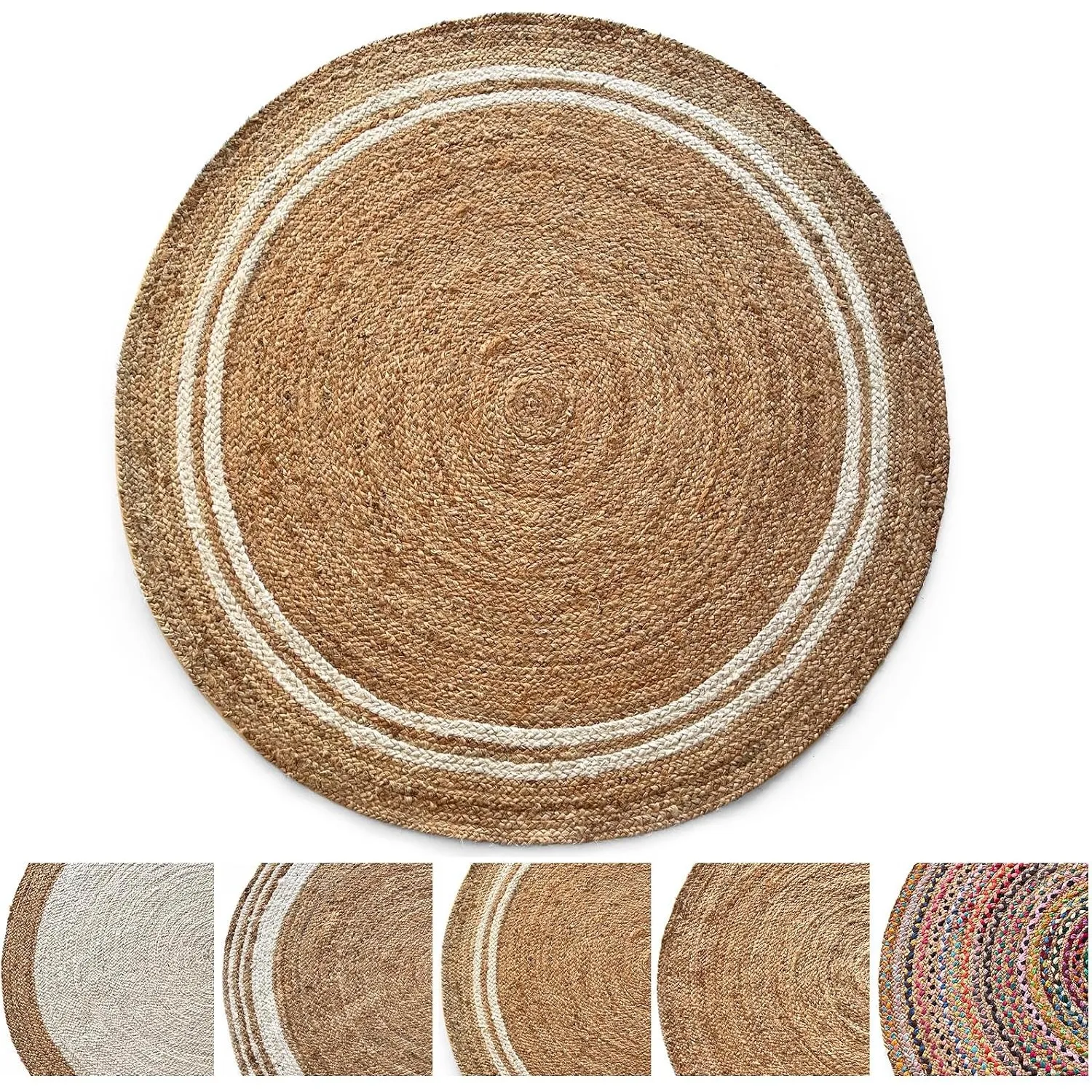 KARAT Jute Teppich rund 200cm Ø Bastteppich aus 100% Naturfaser - geflochten Boho Juteteppich, Handgewebter Naturteppic…