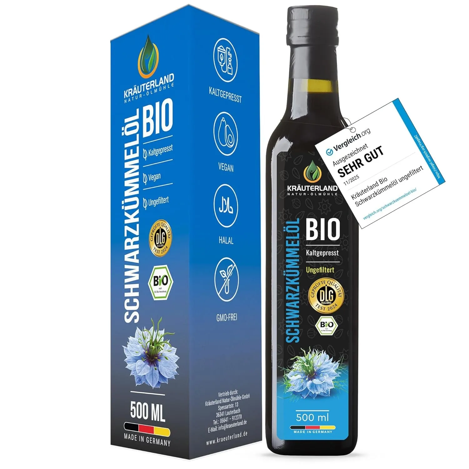 Kräuterland Bio Schwarzkümmelöl kaltgepresst ungefiltert 500ml Glasflasche