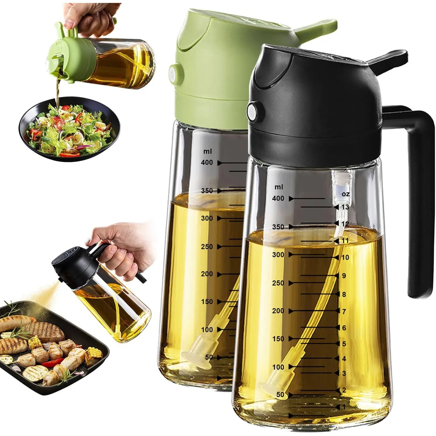 TrendPlain - 470ml Öl Sprühflasche - 2 in 1 Ölspender und Ölsprüher - Ölspray mit Etiketten - Küchen Gadgets für Kochen…