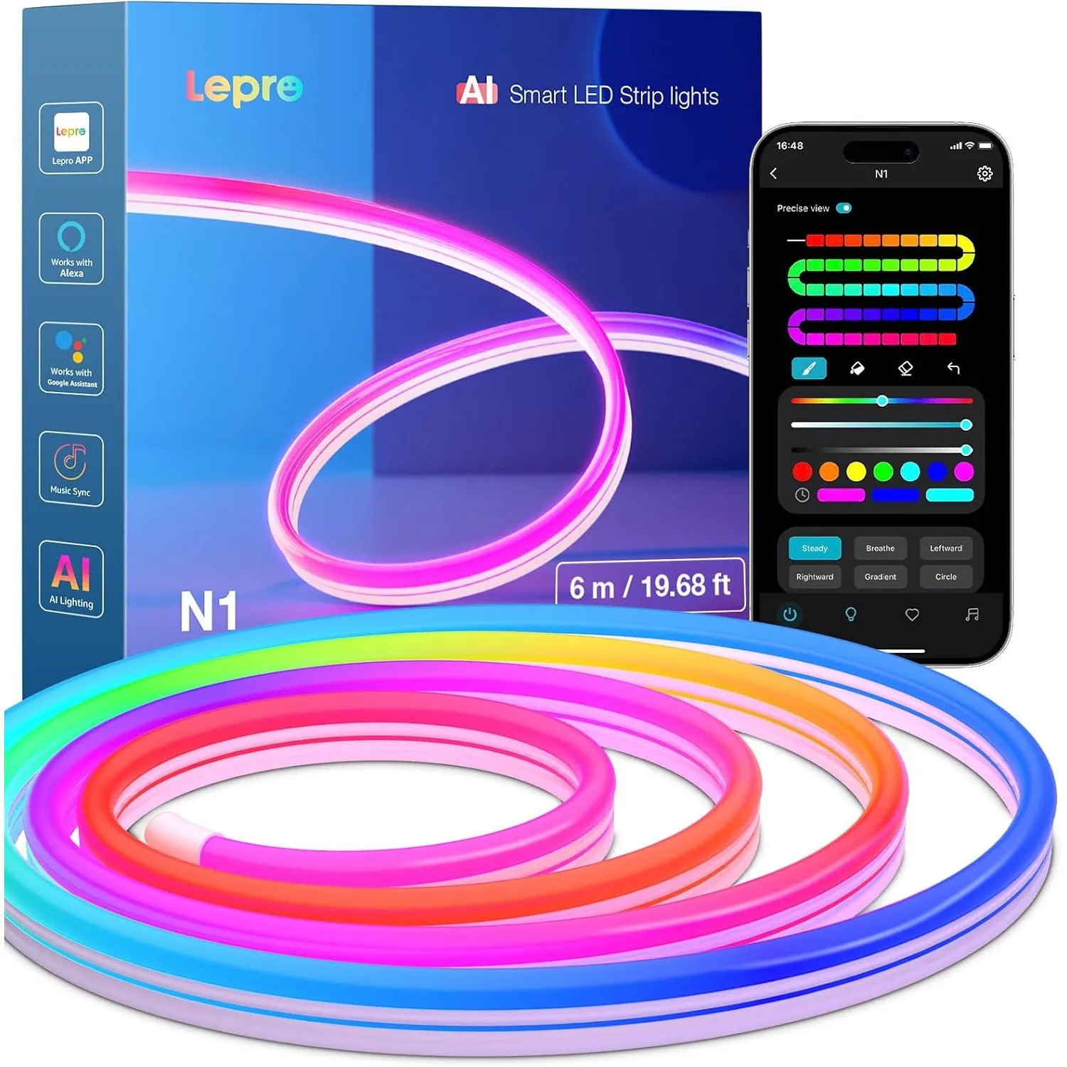 Lepro AI Neon LED Strip 6m, LED Streifen mit App-, Musik- & Sprachsteuerung | kompatibel mit Alexa & Google Assistant, …