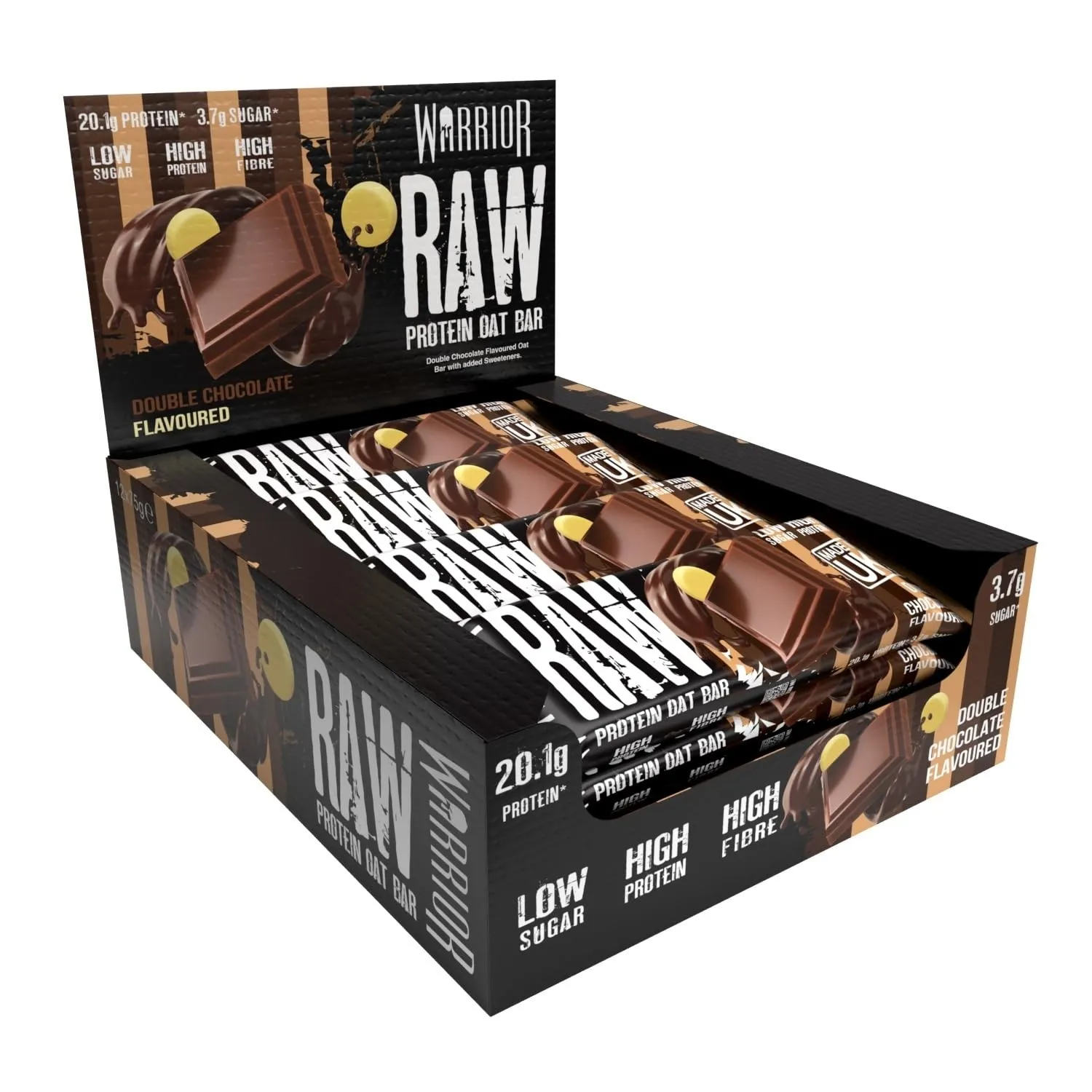 Warrior Raw Proteinriegel 12 x 75 g – Doppelte Schokolade 12 Riegel, ballaststoffreich, mit Protein & Hafer, als Snack …
