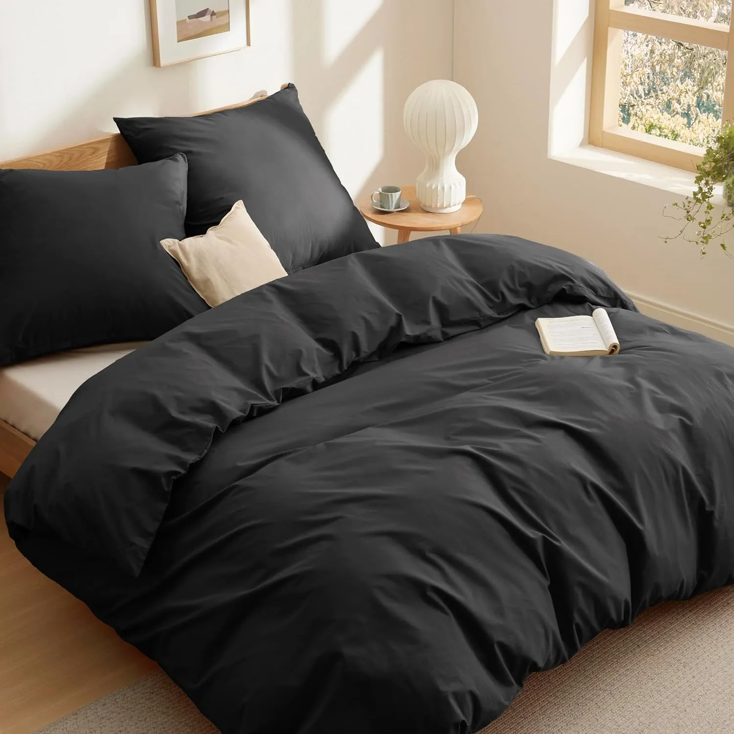 BEDSURE Bettwäsche 220x240 Baumwolle Schwarz - Bettwäsche-Sets 220 x 240 cm Bettbezug 3teilig mit 2 Kissenbezüge 80x80 cm, Oeko-TEX Bedding Schwarz mit Reißverschluss