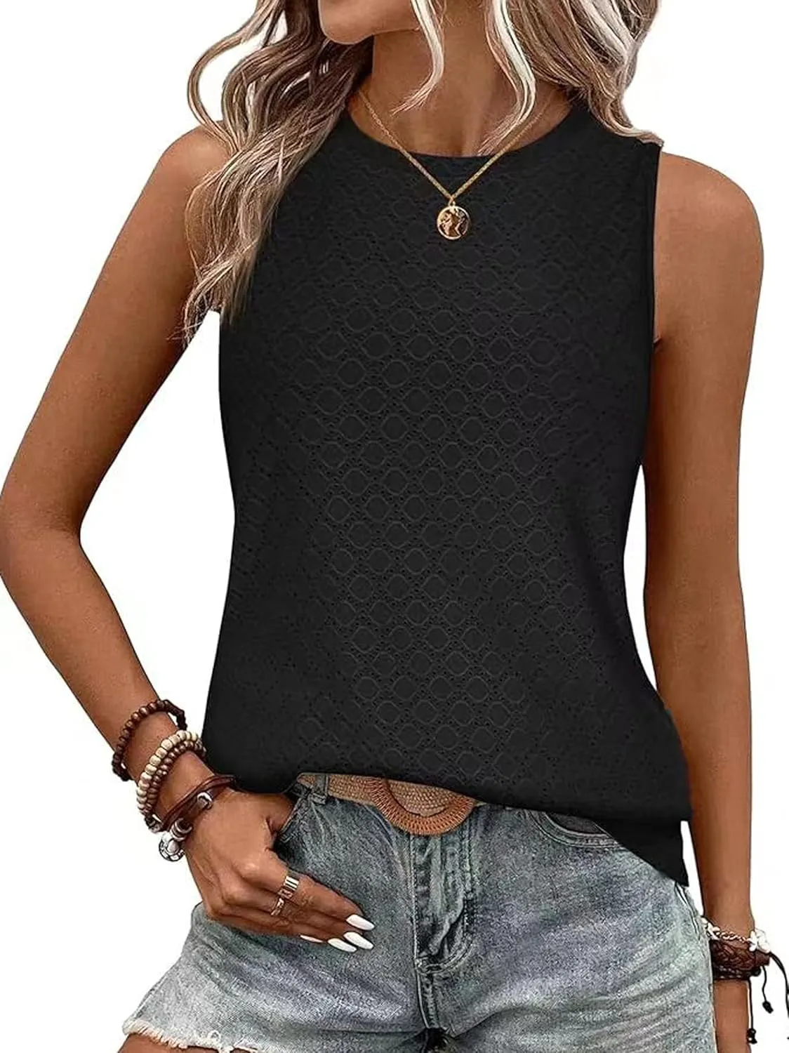 BAISHENGGT Women's Tank Tops Summer Crew Neck Sleeveless Hollowed Basic T-Shirt Tops