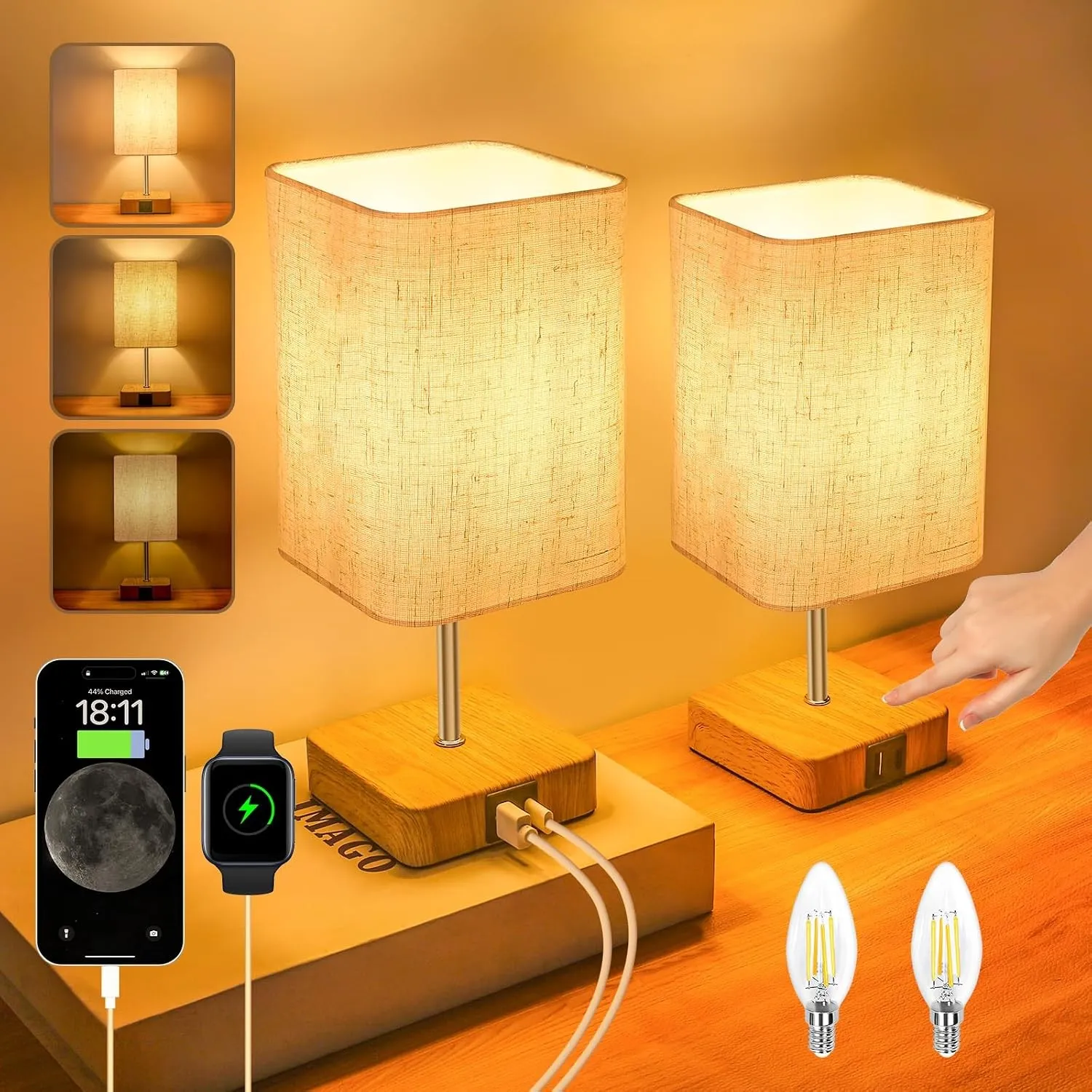 Jayencer Nachttischlampe Touch Dimmbar 2er Set, Tischlampe mit USB A+C Ladeanschlüssen, 3 Helligkeitsstufen, Lampenschi…