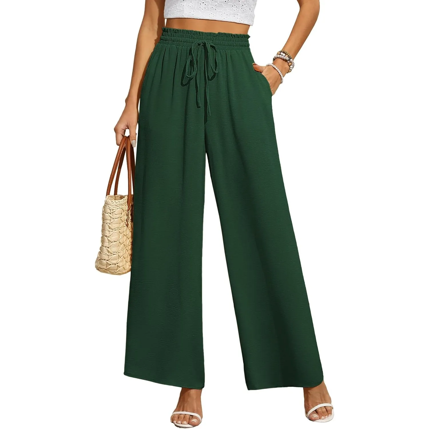 BEIGAI Damen Hosen Weites Bein Stoffhose Locker Gerade Leichte Palazzo Hose | Hohe Taille Dehnbar Lounge Freizeithose, …