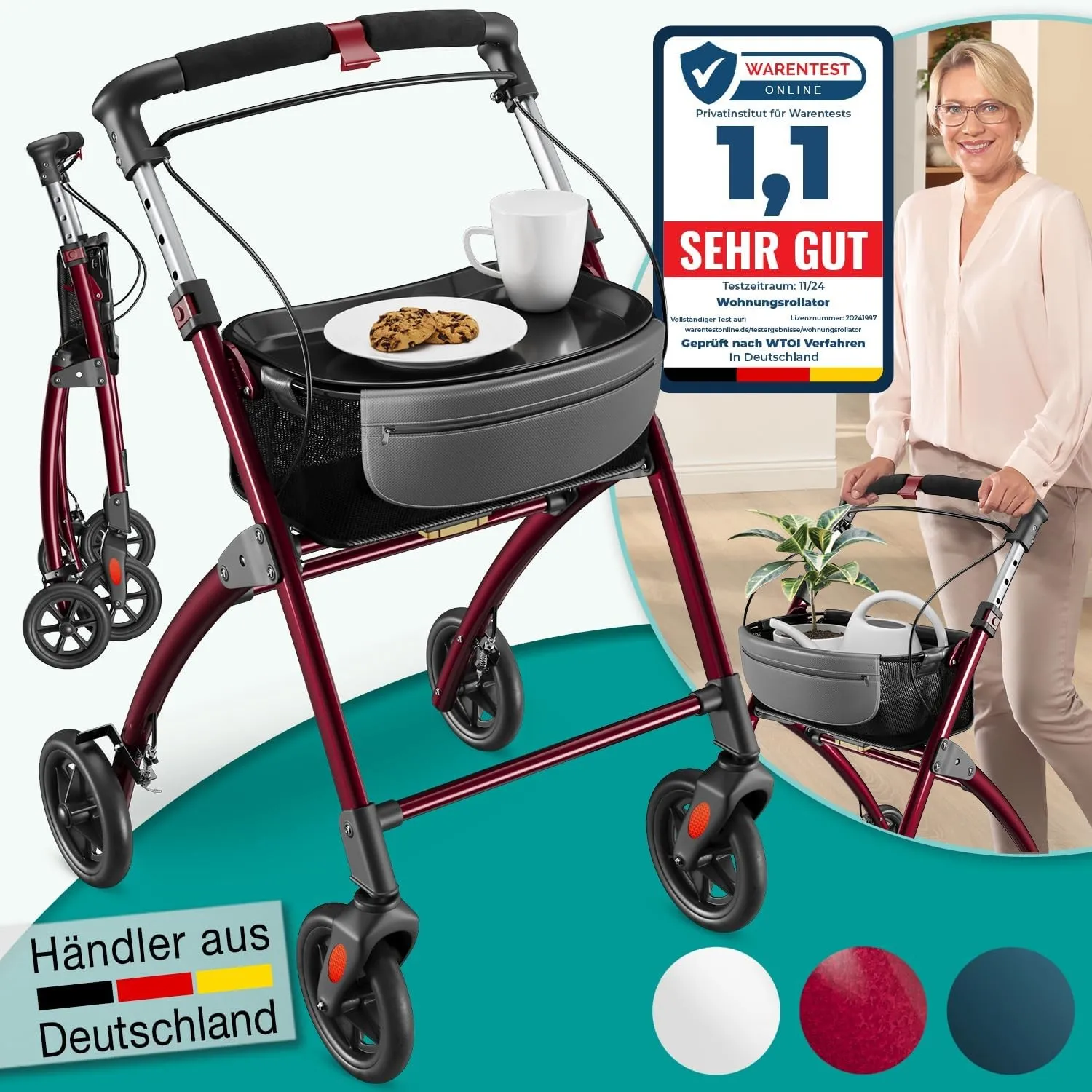 ELONEO Wohnungsrollator 54cm breit, faltbar und leicht, inkl. Tablett & Stoffkorb, Rollator schmal für die Wohnung, Ind…