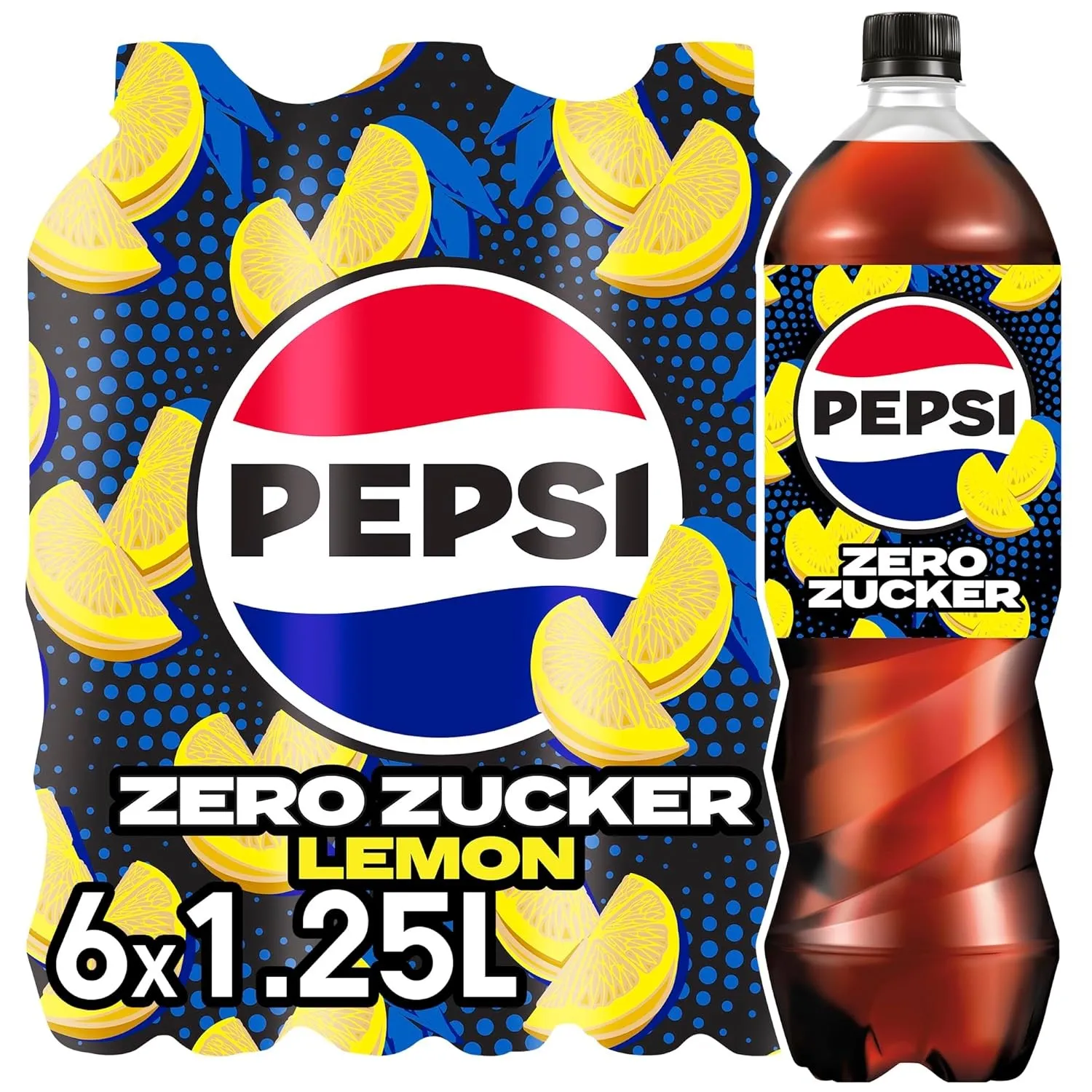 Pepsi Zero Zucker Lemon, 6x1,25l – koffeinhaltige Cola Zitronengeschmack