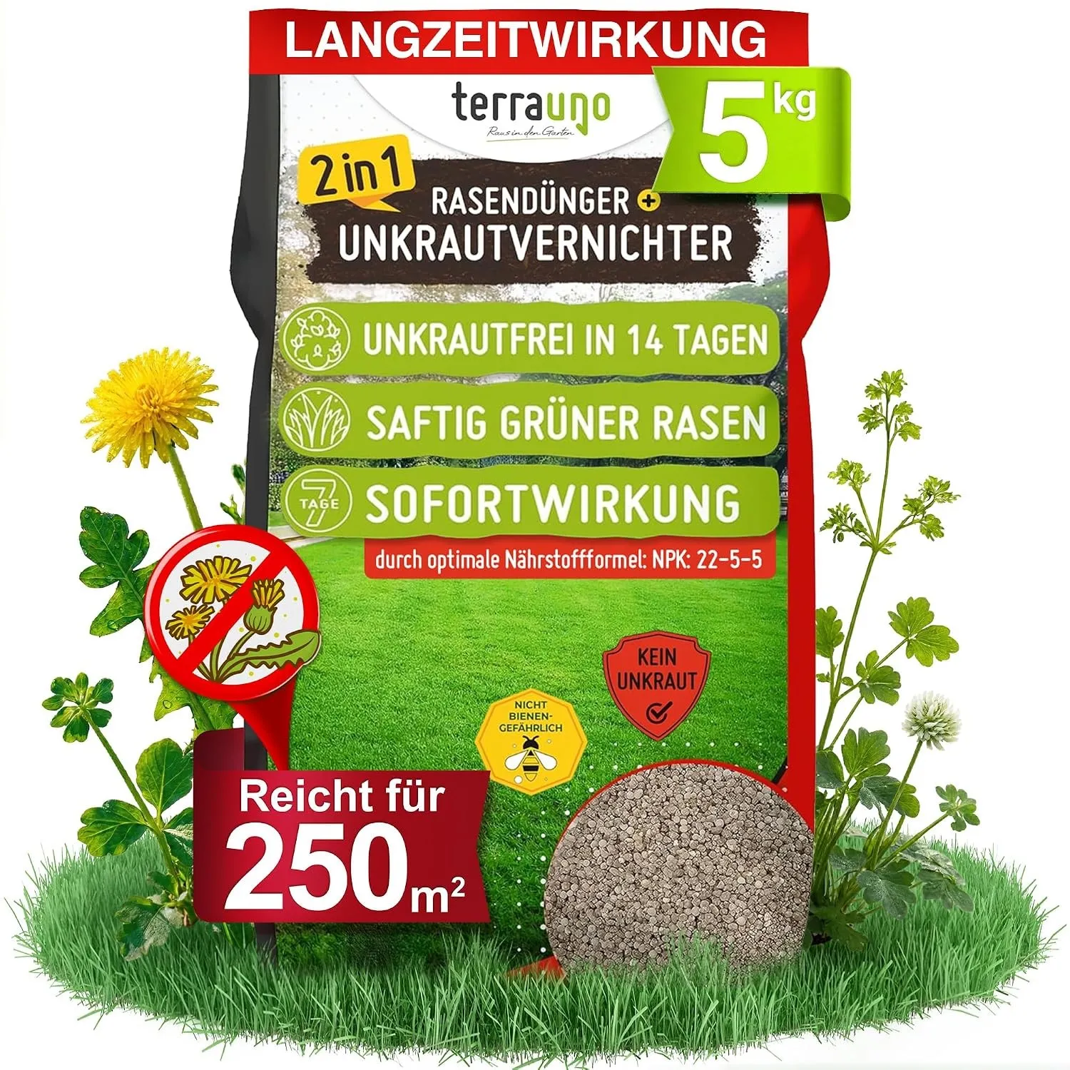 TerraUno Rasendünger mit Unkrautvernichter extra stark, 100 Tage Langzeitwirkung, 5 kg für 250 m², gegen Löwenzahn, Kle…