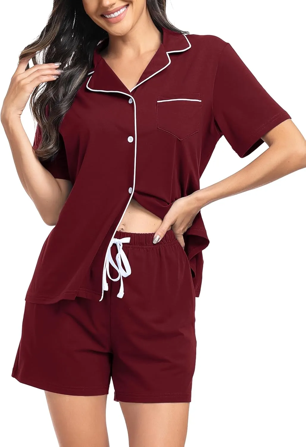 Lovasy Schlafanzug Damen Baumwolle Kurz Pyjama Set Kurzarm Schlafanzüge für Damen mit Knöpfen und Taschen