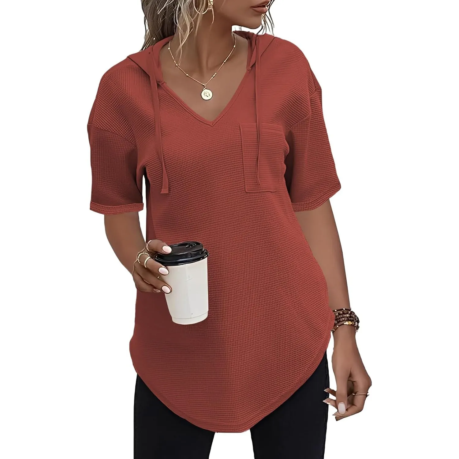 Cuptacc Pullover Damen Hoodie Mit Kordelzug V-Ausschnitt Kapuzenpullover