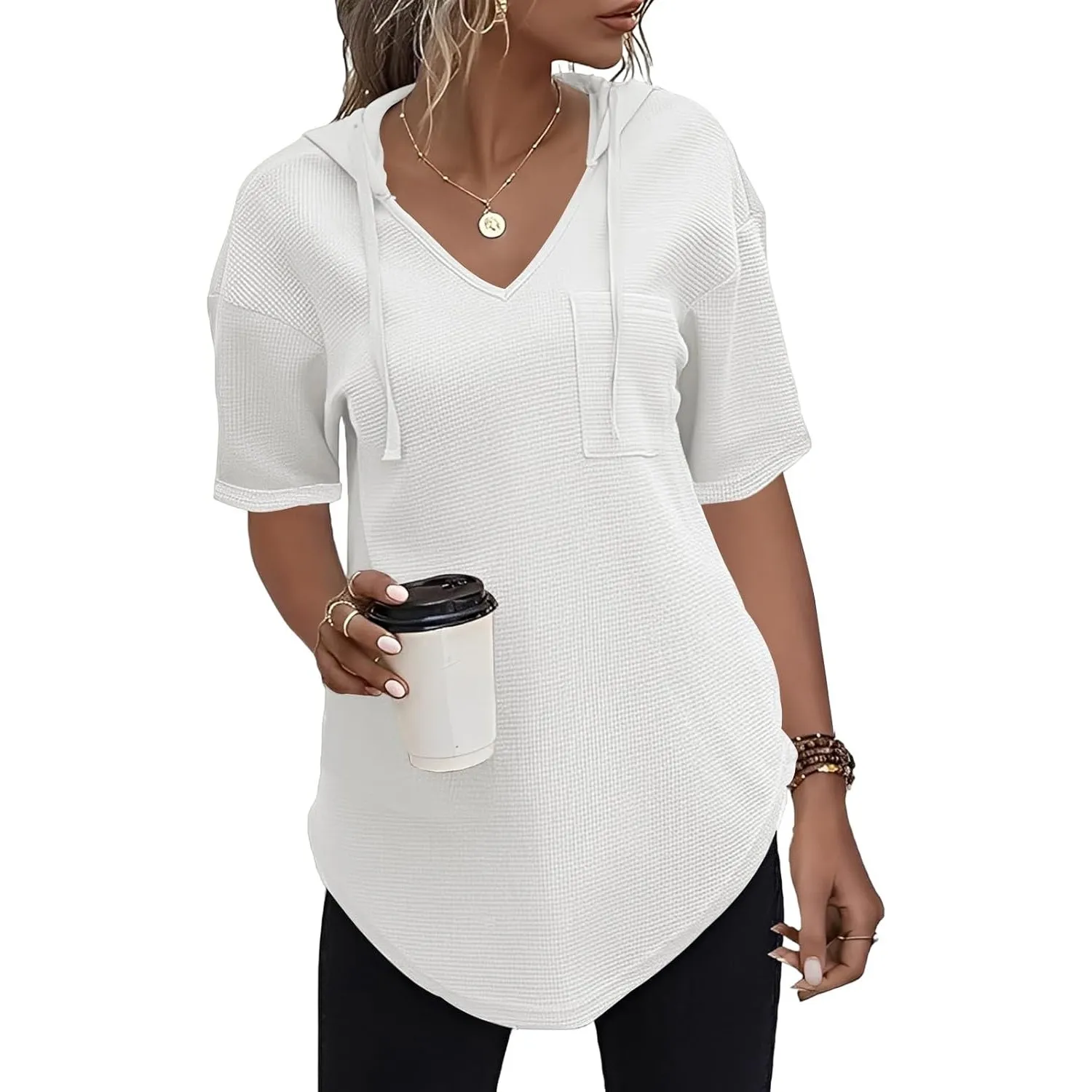 Cuptacc Pullover Damen Hoodie Langarm V Ausschnitt Pullover Sweatshirt Kapuzenpullover Einfarbig Drawstring Top