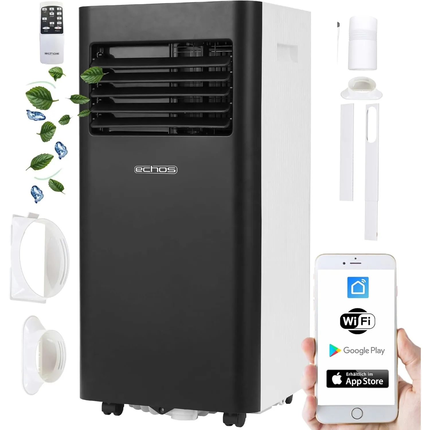 Echos Klimaanlage 3in1 WIFI mobil Fensterabdichtung mit Abluftschlauch 24h Timer Fernbedienung 9000 BTU 3 Modi Aircoole…
