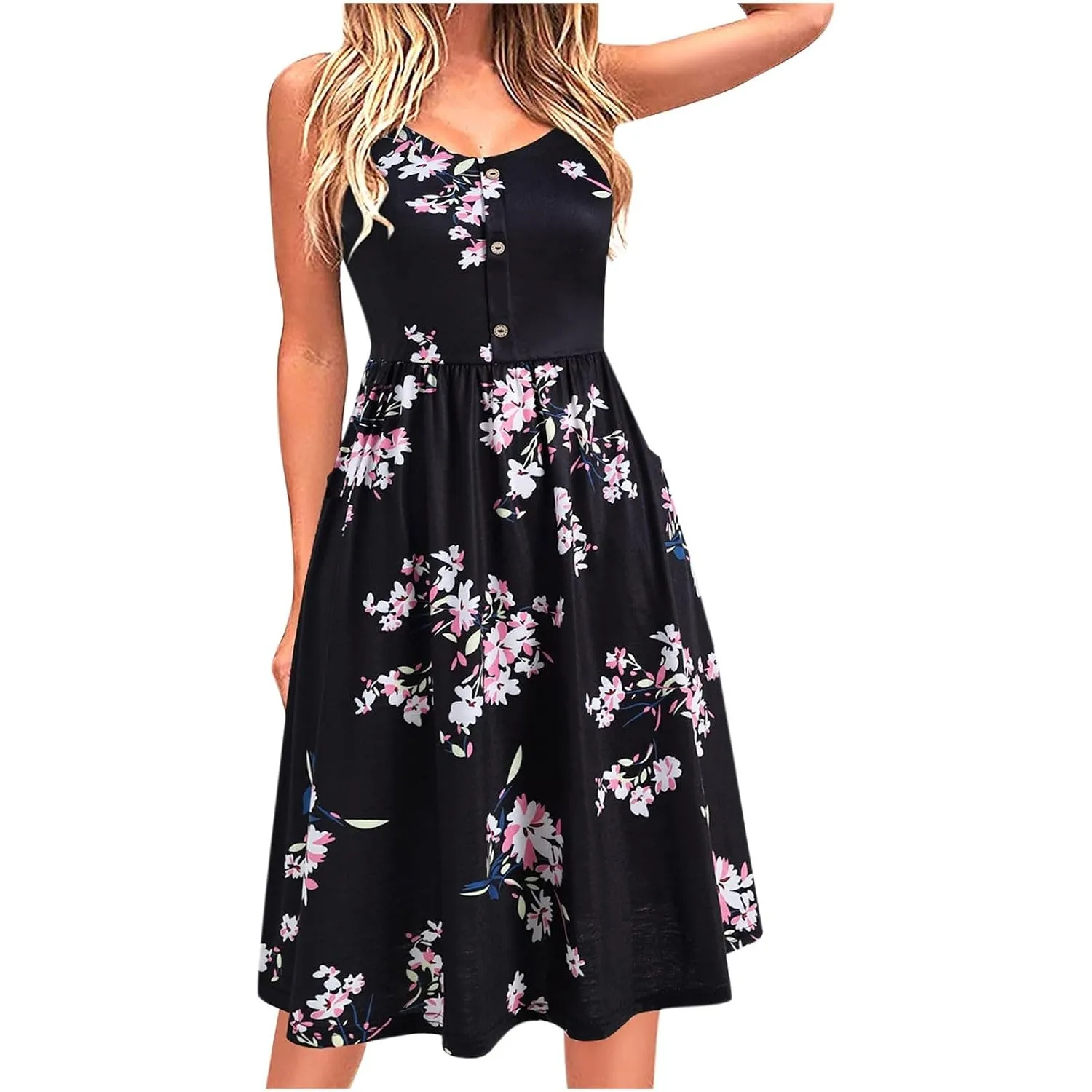 Yageshark Sommerkleid Damen Einfarbig Spaghetti Swing Knielang A-Linien Knopf Kleid Midikleid