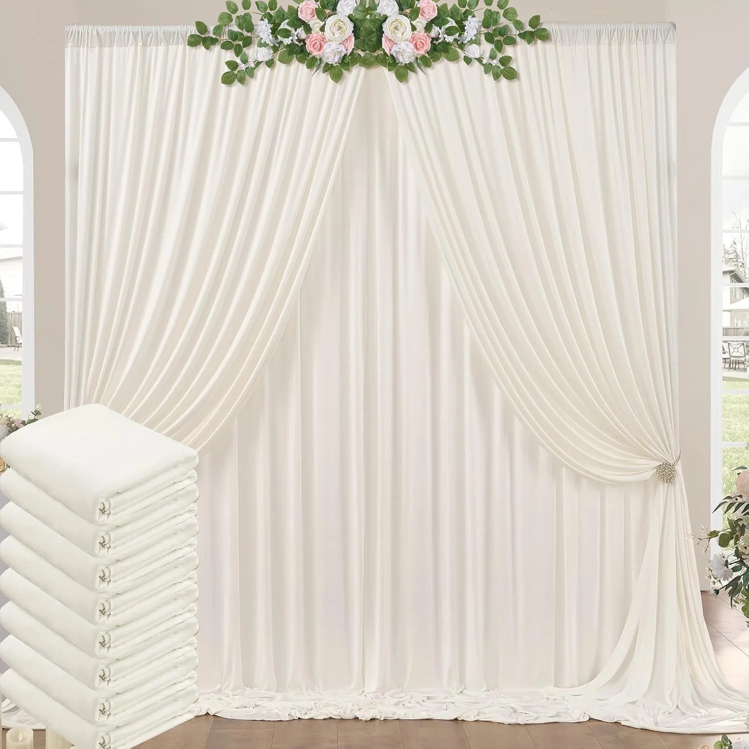 3 x 12 m Ivory Curtain for Backdrops, Party Background, Wedding, Polyester Champagne Background for Birthday, Baby Show…