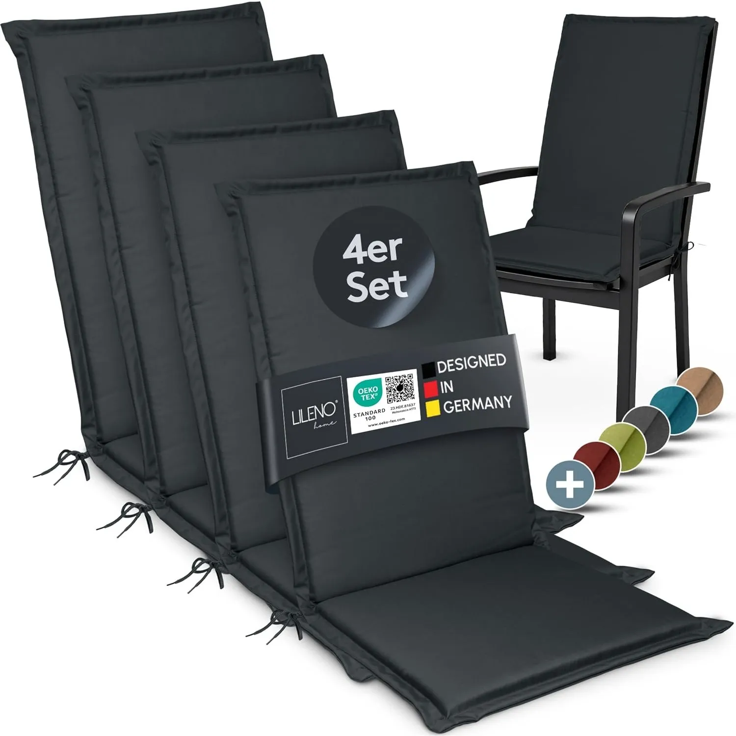 LILENO HOME Gartenstuhl Auflagen [4er Set - Hochlehner] in Anthrazit - Bequeme Liegen als Sitzauflagen für Gartenmöbel …