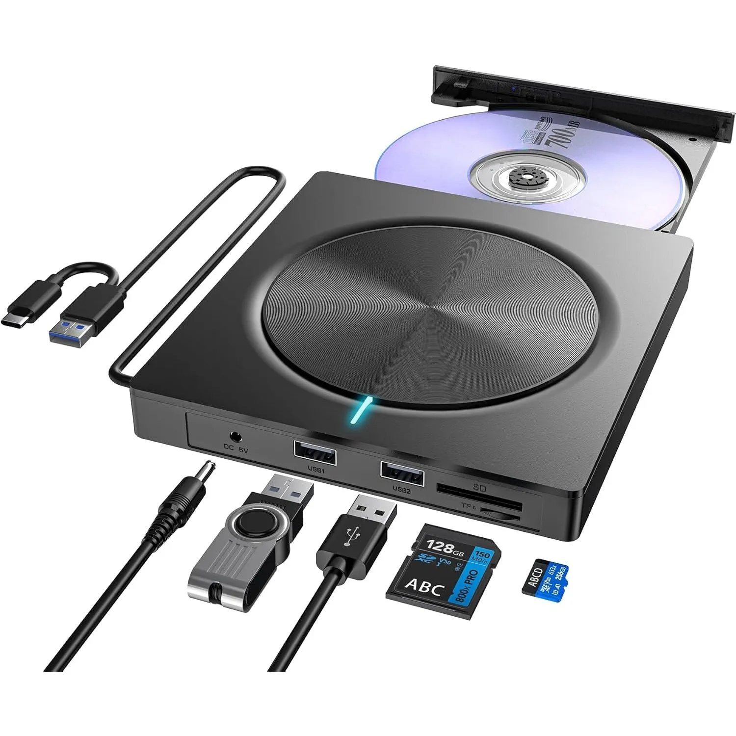 Externes CD Laufwerk USB 3.0 USBC, DVD Laufwerk Extern mit SD/TF-Kartenleser und 2 USBA Anschluss, Portable RW DVDCD Br…
